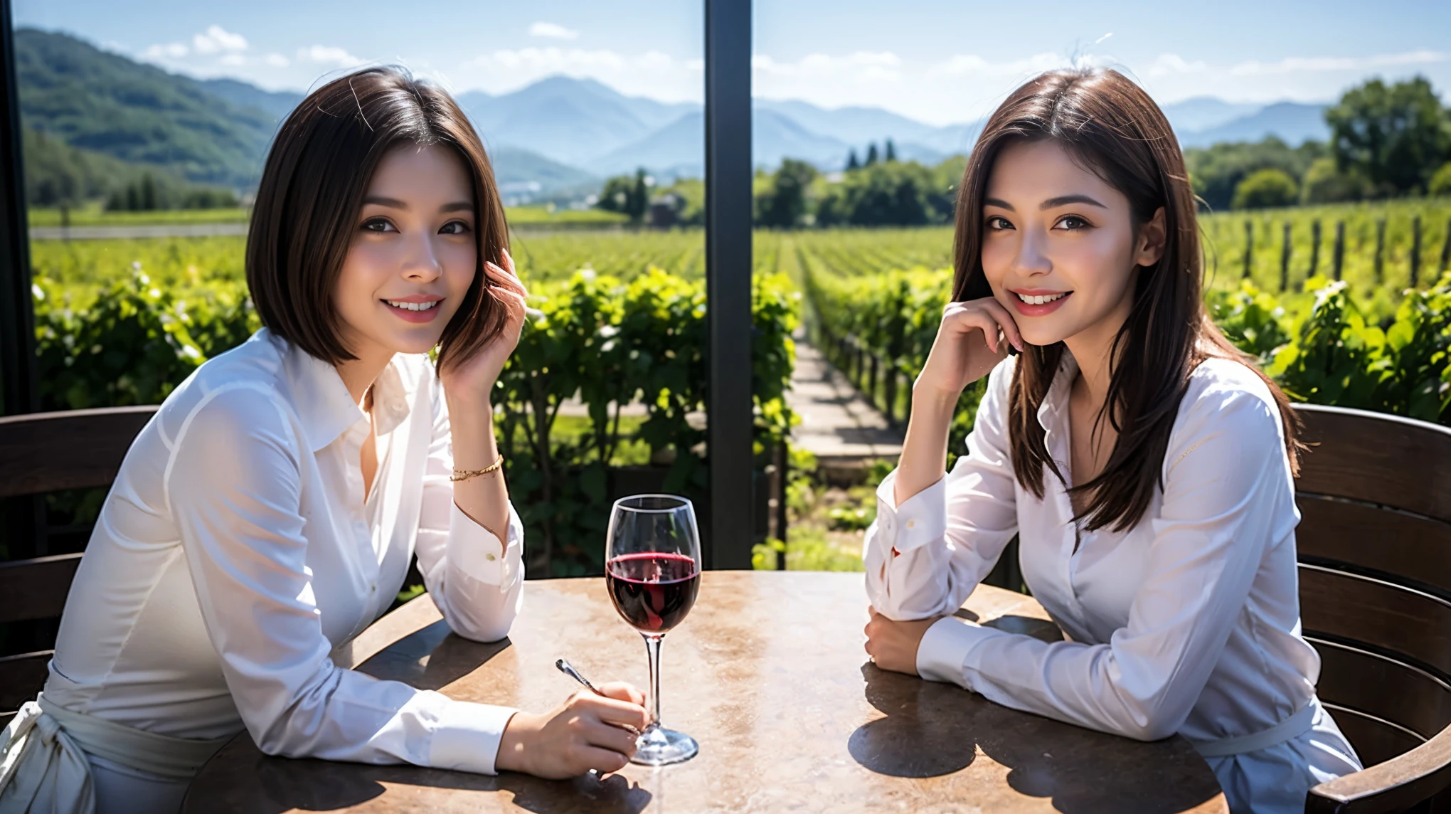 ((highest quality、8k、masterpiece:1.3))、1 male、1 female、Couple、spouse、Couple、Slim body、((Bob Hale、Straight hair:1.2)), (Realistic, Intricate details:1.2), Wine glass on the table、Shine light on your face、 Amazing view of the sunset sky and clouds、Amazing mountain views、A bright smile、The wonderfulness of smile、Bright image、The beauty of wine, Beautiful Face, blue eyes, The light shines on your face, Blushing, short hair,Bright Face、 (Age 37), 39 years old, red wine 、Appetizers、Italian food、Wine bottle、Champagne、sparkling wine、Two beauties、Brown Hair、Shortcuts、Long sleeve shirt、dress、Pretty Woman 1, (Slim face), (The body is slim), (Brown Hair), (Shortcuts), cheeks turn a little red,Attractive beauty、restaurant, In a prominent place (From the waist up) Nova Frog Style, actress, model, Upper Body, White wine, slim, wine glass, Wine glass placed in the center, smile, (smile: 1.15), Beautiful fine grain, Depth f/2,saturation, High Contrast, Strong light and shadow,Moist Body:1.5、3D texture、Delicate eyes、Brown Hair、The hair is very shiny、