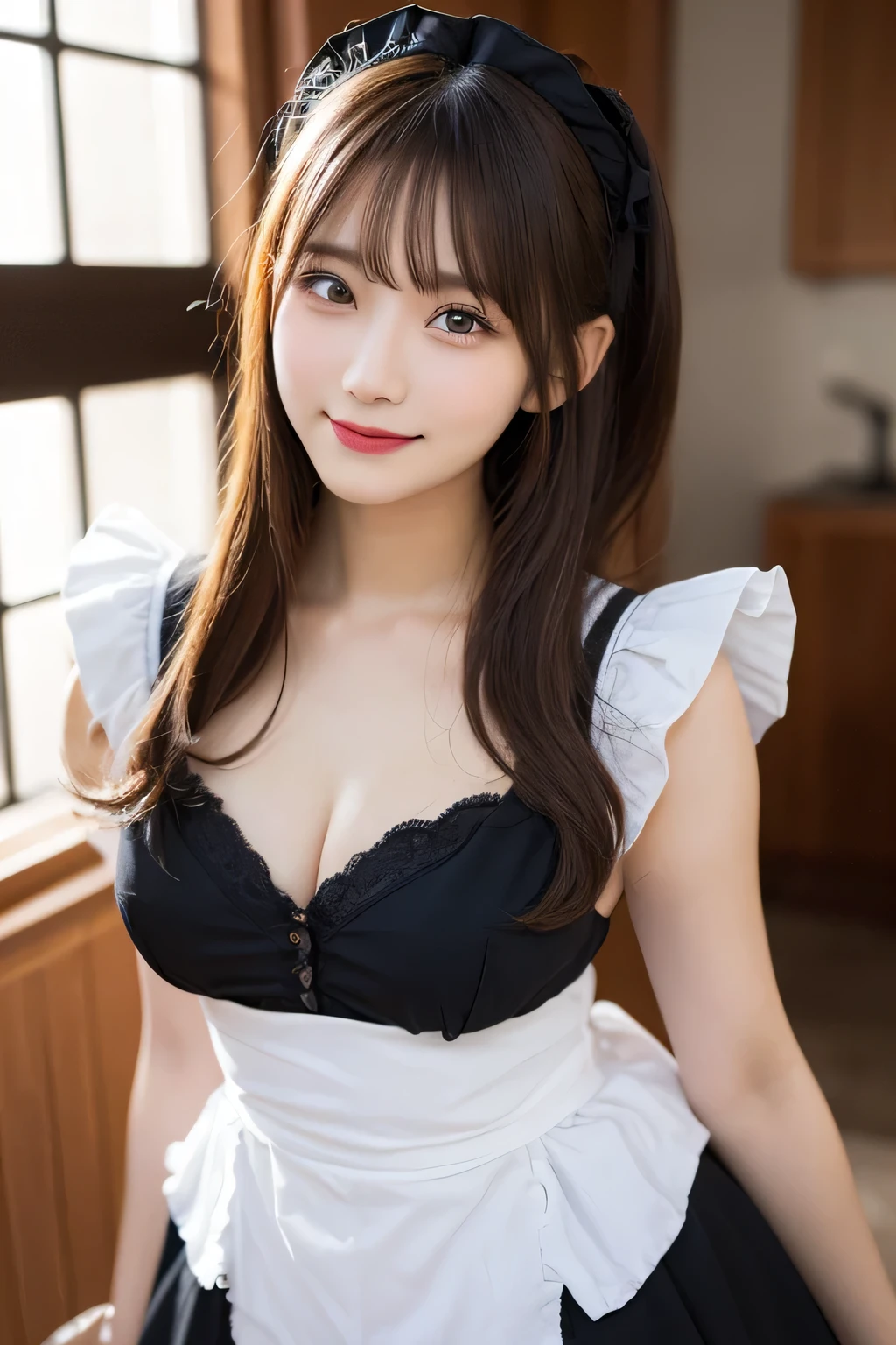 whole body, highest quality, figure, Very detailed, In detail, High resolution, 8k wallpaper, Perfect dynamic composition, Beautiful fine details, Maid clothes,Medium Hair, Center of chest, Natural color lip, Random sexy poses,smile,maid Cafe,Cute Maid,Large Breasts,
