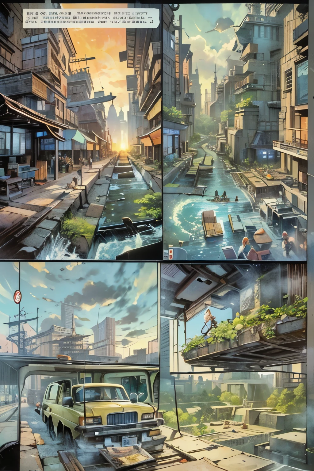 comics，Cartoon（4、5 or 6 tiles），Storyboard，masterpiece, 。Sudden，A spaceship falls from the sky，Fell in the middle of the road。 Enhance details