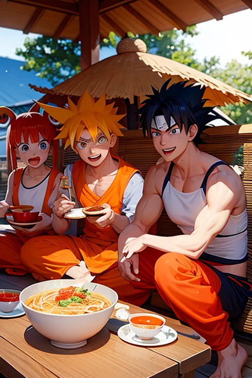 naruto kurama mode, goku ultra instinct blue, luffy nika with yellow straw hat eating ramen together and the 3 of them happy