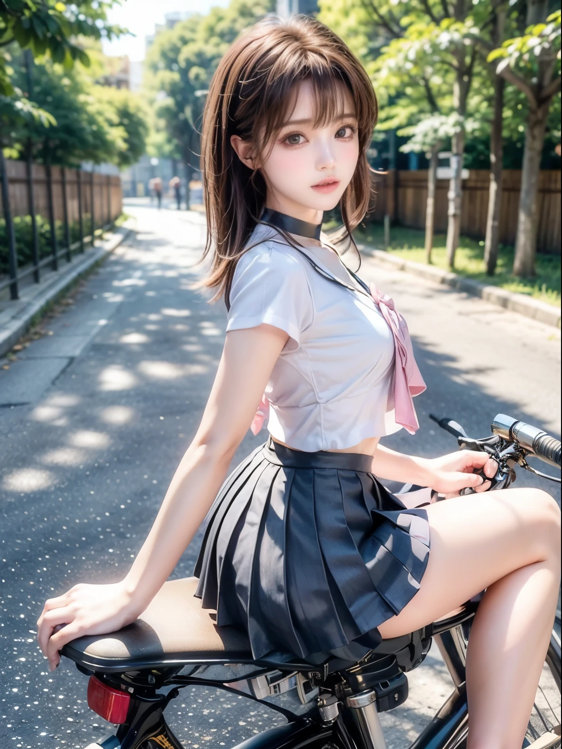 ((highest quality)), ((masterpiece)), ((Perfect Face))、（Detailed bike）、Realistic photos with every detail、((Woman straddling a bicycle))、Slender body、short hair、From the back、Cute face、Realistic Skin、Realistic Face、(Pleated skirt)、Blur the background, tiara, jewelry, sailor senshi uniform, green sailor collar, choker, elbow gloves, white gloves, pink bow, brooch,
