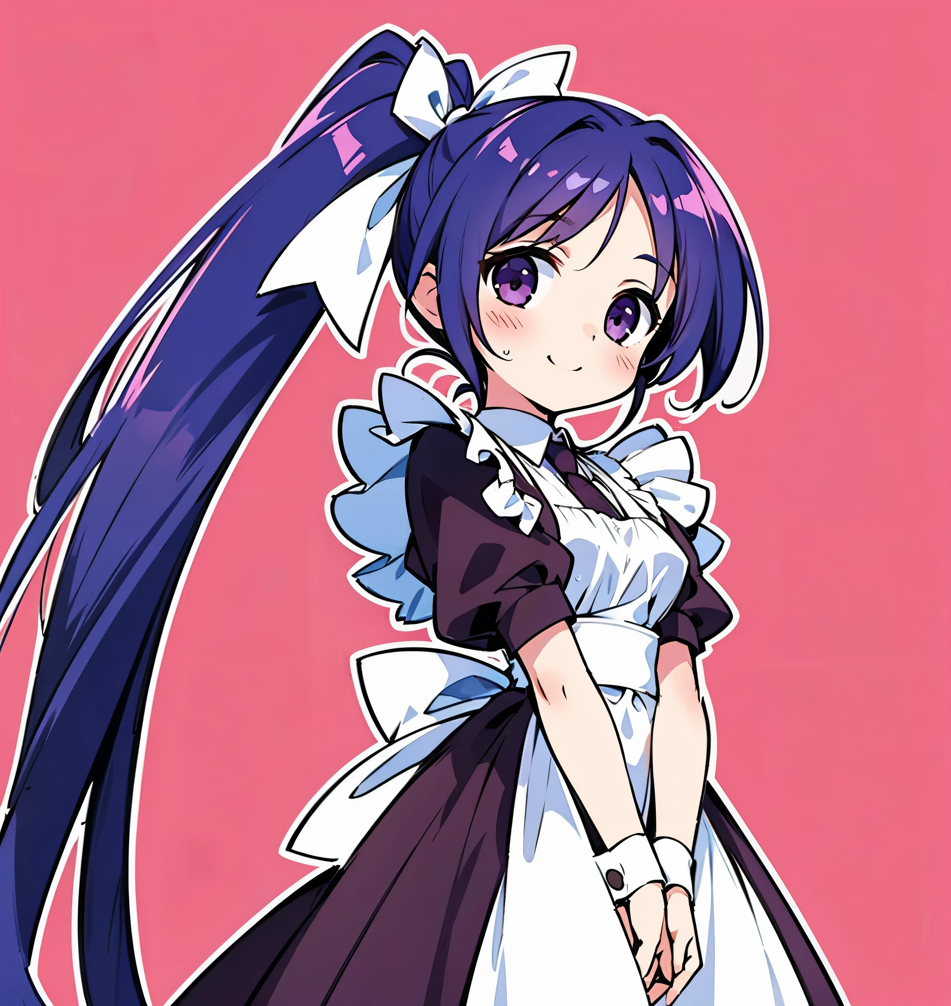 contrappost, arched back, Girl, Maid clothes, own hands together, Coffee shop, very long side ponytail, smile,