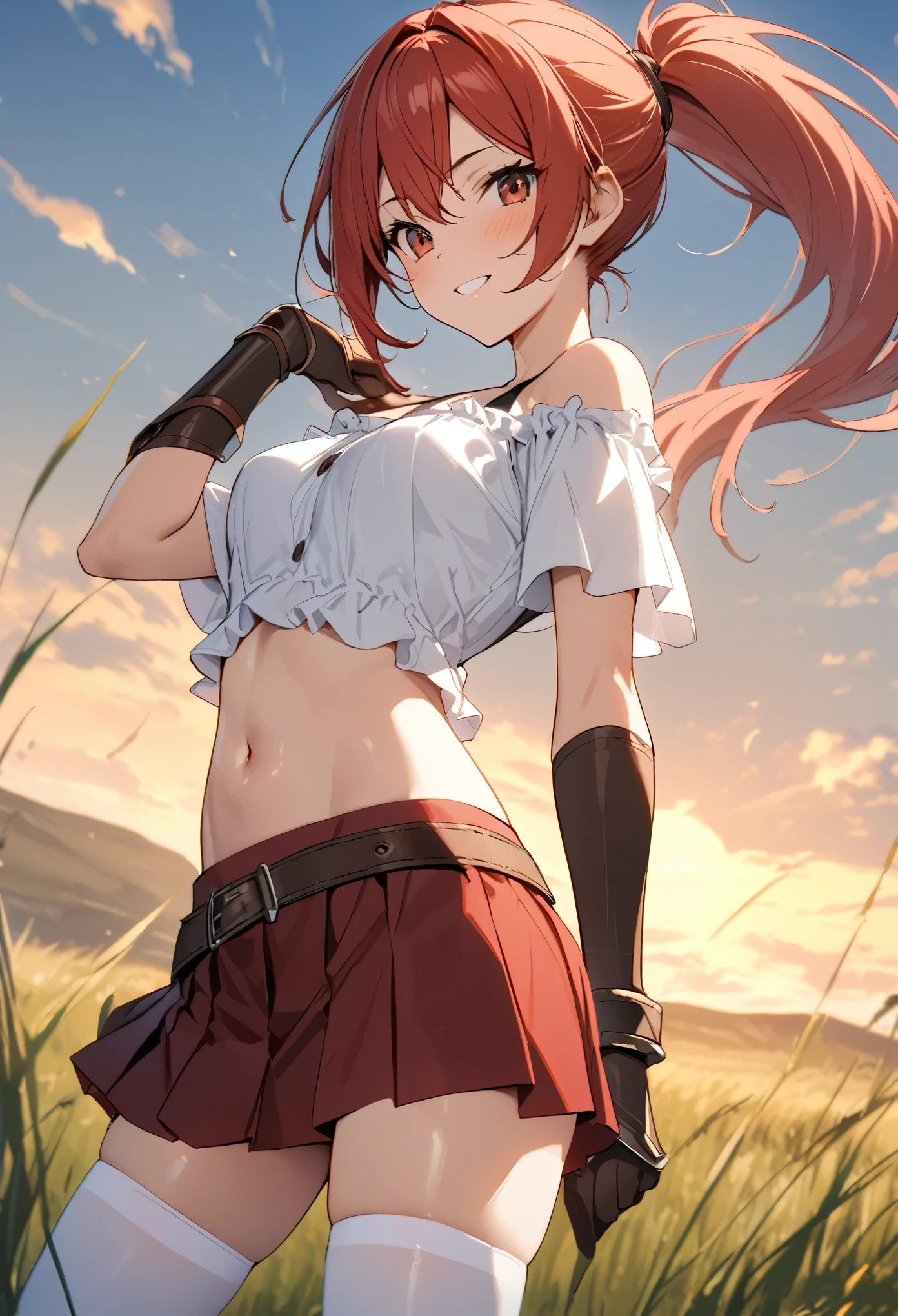 ((masterpiece, highest quality:1.3)),Female Thief、cowboy shot,25 year old beauty,solo,((very small head)),red hair,ponytail hair,long hair,red eyes,blunt,skinny,medium breasts,((long body)),slender body,skinny,shiny skin,oily skin,A strong smile、Off-the-shoulder blouse、Crop length、navel、Short sleeve、Brown Leather Gauntlets、Pleated red mini skirt、white_thighhighs、standing,grassland、sunny、