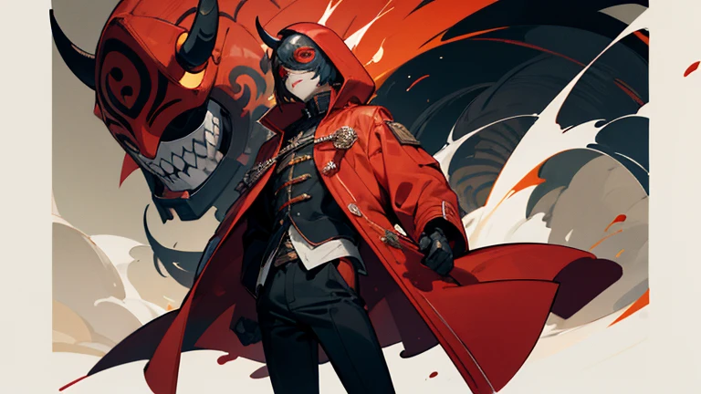 Icon de homen com cabelo cacheado e curto, with red coat and black pants, mascara de oni, de lado, com formato arredondado
