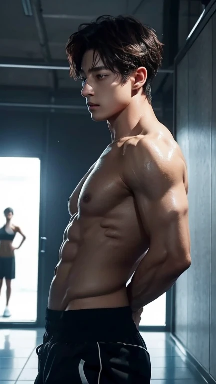 Generate an image portraying Jungkook visibly fatigued and drenched in sweat. His usually immaculate hair is disheveled, sticking to his forehead, and droplets of sweat trickle down his temples. His breathing is heavy, and his clothes are soaked through, clinging to his body.

In the background, we see the aftermath of a rigorous dance rehearsal or intense workout session. Jungkook stands amidst the dance studio, surrounded by mirrors reflecting his tired figure. The room is dimly lit, adding to the atmosphere of exhaustion and dedication.

Despite his physical exhaustion, there's a determined glint in Jungkook's eyes. His passion for his craft shines through, driving him to push his limits even when faced with fatigue.