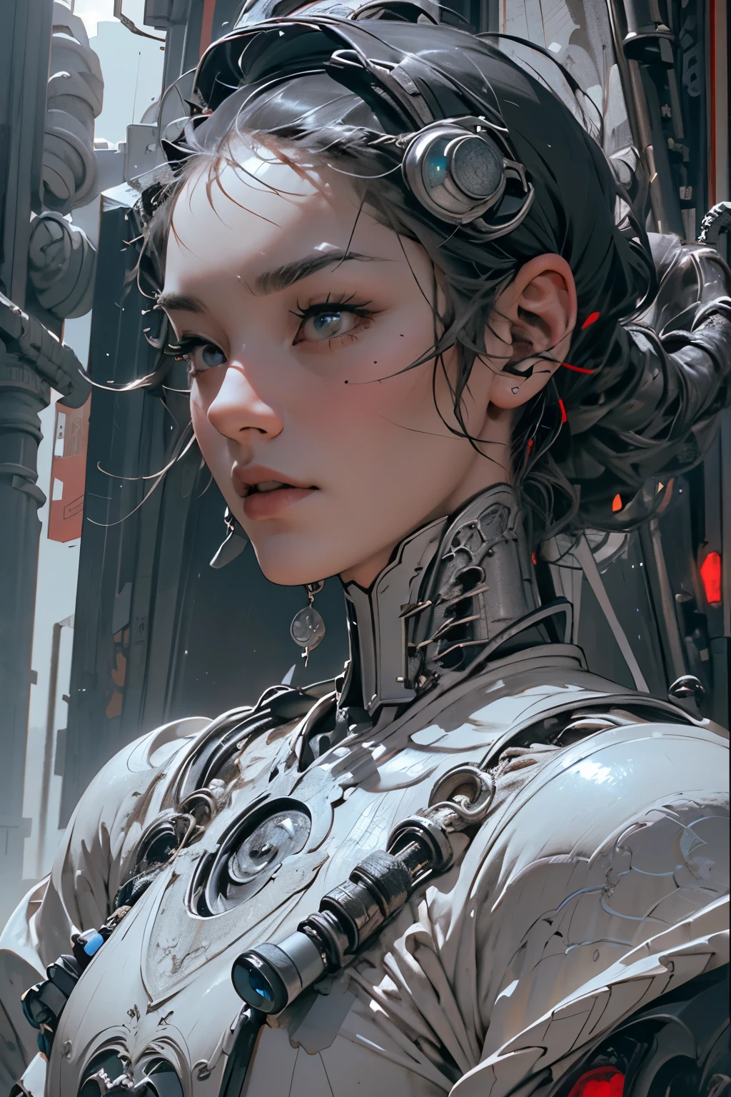 Realistic visual effects,Artistic refinement,charming beauty, dramatic contrast, Atmospheric Depth,Intimate moments, Long-lasting charm, Realistic depiction,Realistic accuracy, evoke emotions, Emotional Depth, compelling symbolism, Small Breasts, 1 Girl,Solitary,(looking at the audience),(whole body:1.4), (Dazzling atmosphere, Fascinating light, Ethereal atmosphere, Fascinating light, Evocative colors, Attractive colors, Dramatic Lighting, Charming aura:1),Armor Robot,(High level of detail:1.5),Unreal Engine,3d rendering,negative photography, complex 3d rendering ultra detailed of a beautiful porcelain profile woman android face, (:1.3), ic parts, 150 mm, Beautiful studio soft lighting, (Rim Light:0.63), Vivid details, Luxury Cyberpunk, Lace, hyperPractical, Anatomy, Facial muscles, Cables and wires, Microchips, elegant, Beautiful background, Octane Rendering, H. R. Giger style, 8K, best quality, masterpiece, illustration, Extremely delicate and beautiful, Very detailed ,CG ,Unite ,wallpaper, (Practical, photo-Practical:1.37),Astonishing, Fine details, masterpiece,best quality,Official Art, Very detailed CG Unite 8K wallpaper, absurd, incredibly absurd, , Silver Helmet,