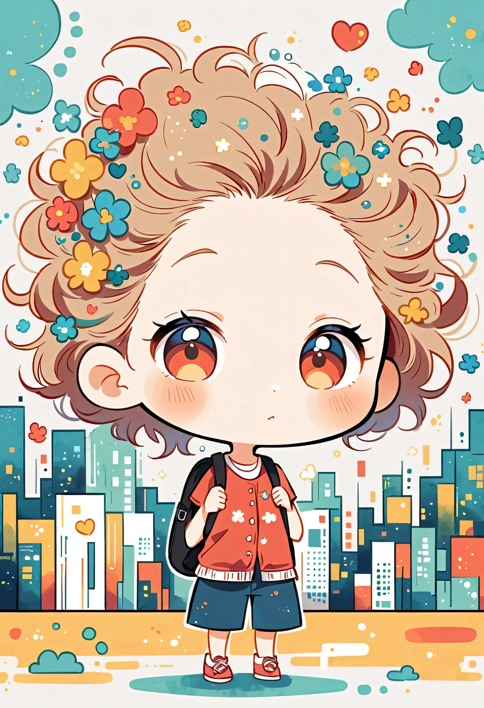 Momoko Sakura style, Standing in front of a high wall,Girl with backpack on rooftop,My backpack is full of happy spring,Simple Line Initialism,Abstract art,Urban Background, (((The most beautiful girl))), (((chibi)))