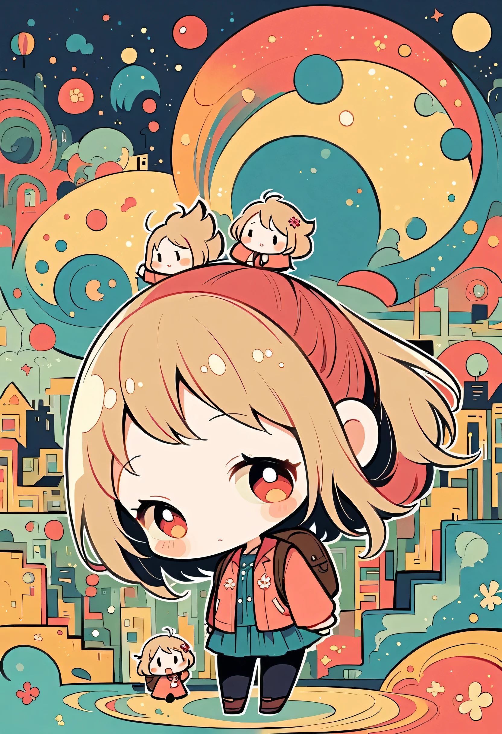 Momoko Sakura style, Standing in front of a high wall,Girl with backpack on rooftop,My backpack is full of happy spring,Simple Line Initialism,Abstract art,Urban Background, (((The most beautiful girl))), (((chibi)))