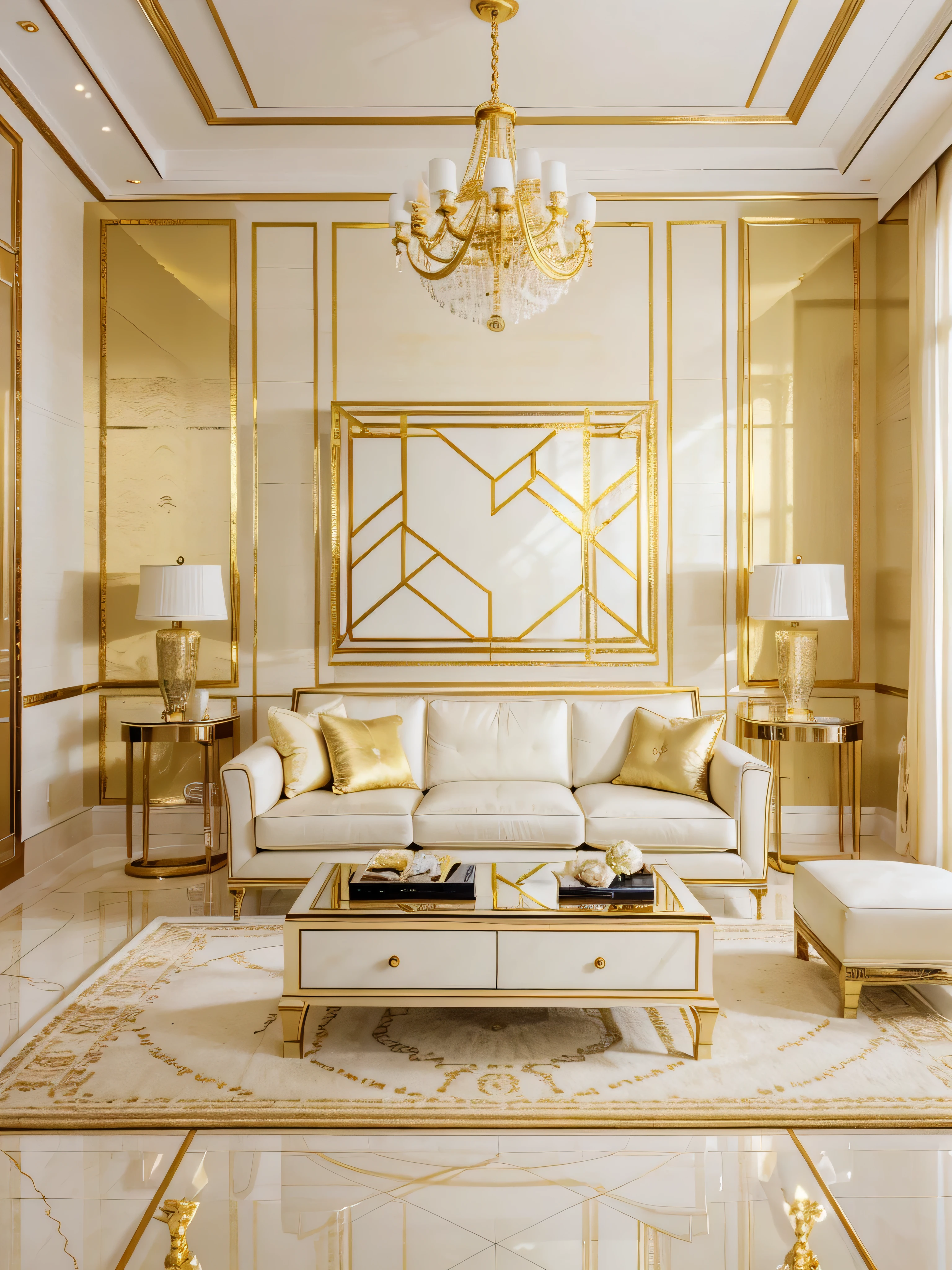 arafed living room with a television and a yellow rug, gold and luxury materials, popular interior design style, luxury condo interior, award winning interior design, luxurious environment, elegant interior, white and gold color scheme, golden accents, extremely opulent, luxury lifestyle, gold decoration, white and yellow scheme, interior design living room, white with gold accents