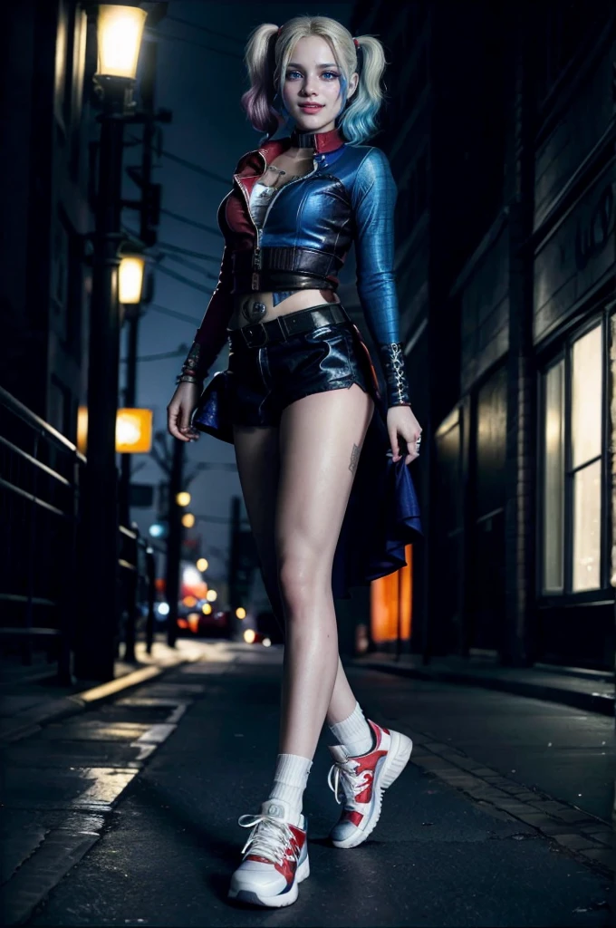 HarleyQuinn, light blue eyes, (best quality,ultra-detailed),(Realistic:1.37), beautiful and detailed face, Ultra-realistic texture, delicate face, athletic body, vivid colors. High definition, 8K, smilling expression