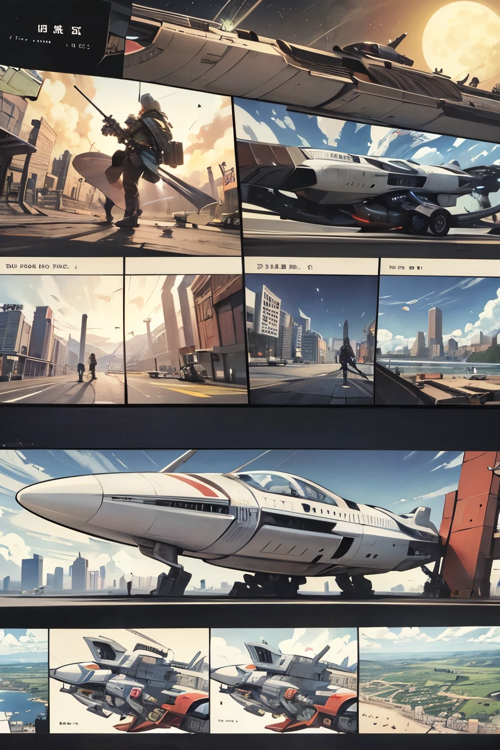 comics，Cartoon（4、5 or 6 tiles），Storyboard，masterpiece, 。Sudden，A spaceship falls from the sky，Fell in the middle of the road。 Enhance details