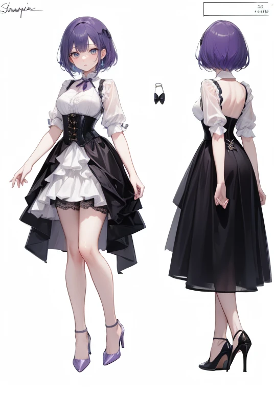 Purple hair,short hair,Adult female,suit,((Roll up your sleeves)),(Corset),(Tight skirt),(high heels),The heel is visible,((Simple White background)),Smile,((Full body)),((whole body)),Character Sheet,