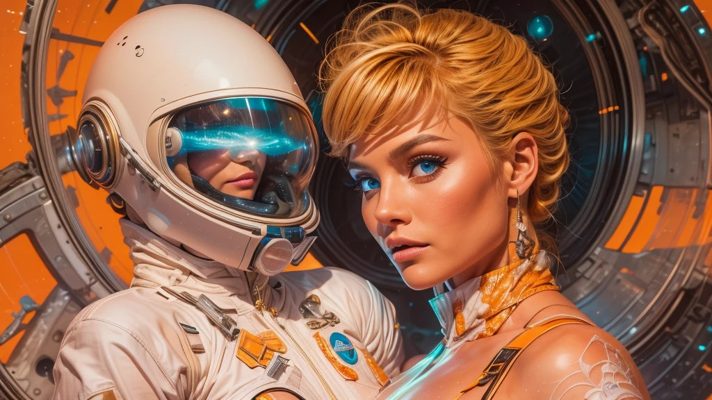 arafed image of a white woman in a futuristic suit with a spaceship in the background, movie art, in front of an orange background, inspired by Robert McGinnis, female protagonist, megastructure in the background, portrait of an ai astronaut, astronauts, an astronaut, portrait of a astronaut skeletor, perfect android girl, detailed eyes, perfectly detailed teeth, frank franzzeta and sakimichan