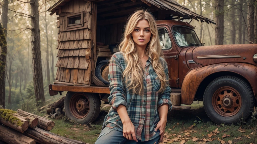 cabin in the woods, front porch, wood pile, rusty truck on cinderblocks, woodburning stove, dense trees, dark woods, large oak trees, moss, (Beautiful woman, plaid long-sleeved flannel shirt, long wavy blonde hair, detailed hands, detailed eyes),