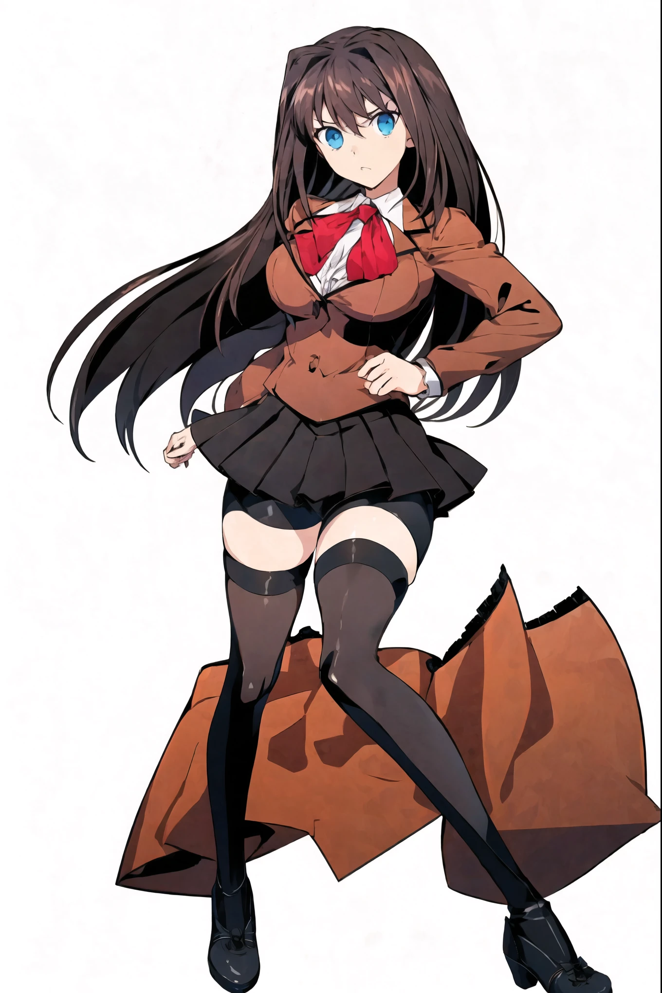 8k, highest quality, highest detail, AokoSchoolUniform, 1girl, solo, 2 legs, (chestnut-brown hair with slightly reddish undertone), perfect face, red neckerchief, beige blazer, white shirt, (large breasts:0.7), nice hips, (Umber pleated-skirt:1.4), (black spandex shorts:1.4), (nice thighs:1.5), (symmetrical black thigh-high stockings:1.5), (brown Strap-Shoes), standing straight, ((Full body in frame including full shoes)), white-empty background, (((empty background:1.6)))
