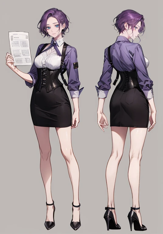 Purple Hair,Short Hair,Adult female,((Body Harness)),((Shirt with rolled up sleeves)),(corset),(Tight Skirt),(High heels),((Simple Background)),smile,((whole body)),((whole body)),Character Sheet,