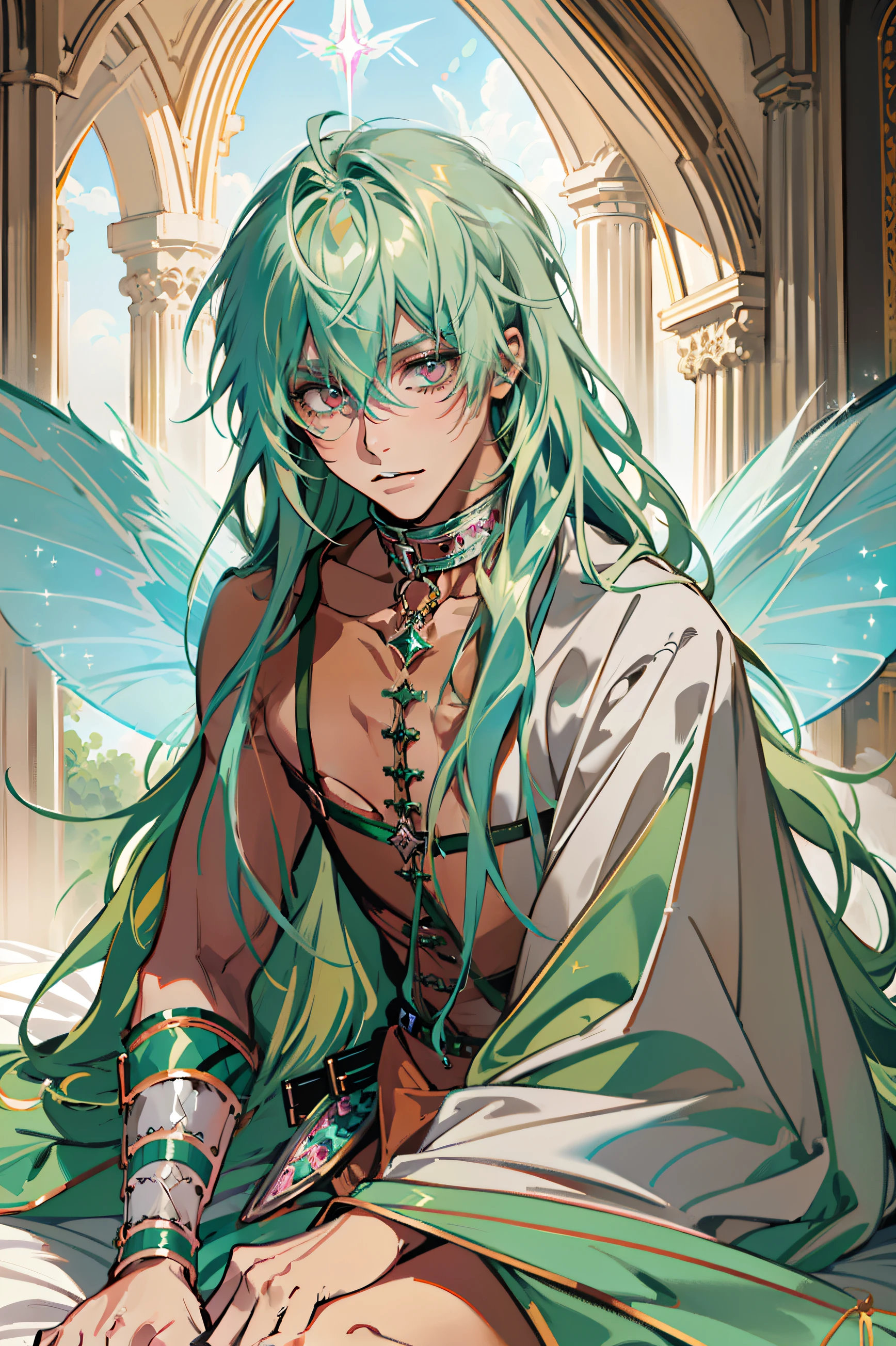 1 male, solo, masterpiece, best quality, (grin, looking back:0.5), (light green hair, long hair, fluffy hair:1.2), pink eyes, tan skin, (, partially wrapped in blankets, sitting in bed), collar, animal collar, leather collar, bedroom, Middle Ages, fantasy, (fairy wings, large wings, light blue green wings, white wings, sparkle wings)