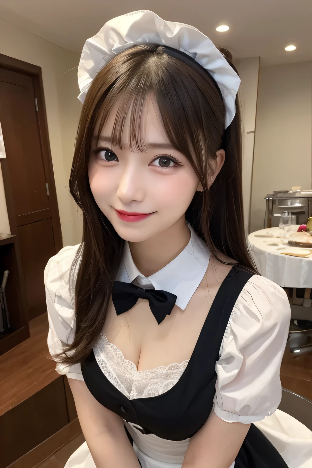 whole body, highest quality, figure, Very detailed, In detail, High resolution, 8k wallpaper, Perfect dynamic composition, Beautiful fine details, Maid clothes,Medium Hair, Center of chest, Natural color lip, Random sexy poses,smile,maid Cafe，Cute Maid，Large Breasts，