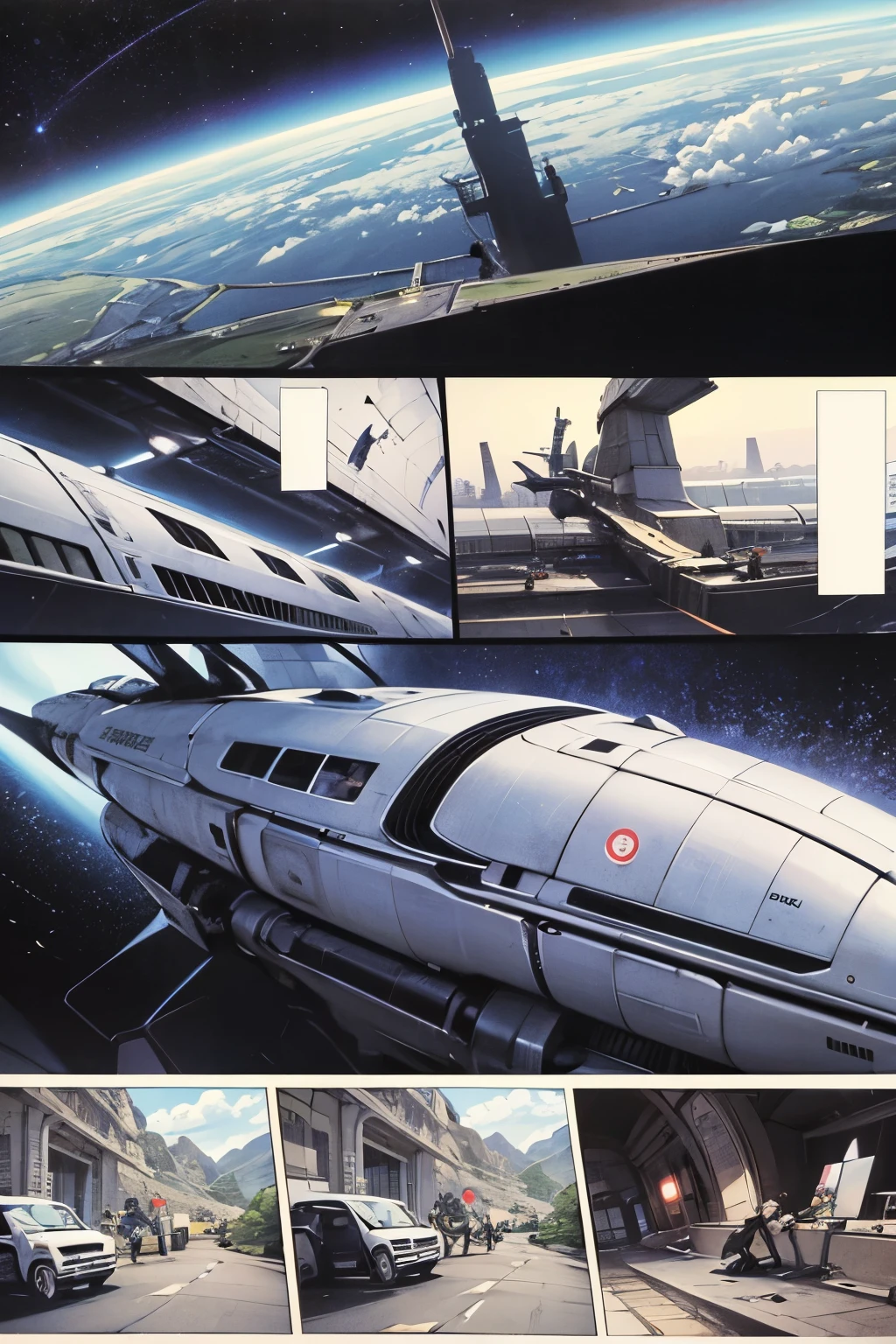 comics,Cartoon(4、5 or 6 tiles),Storyboard,masterpiece, 。Sudden,A spaceship falls from the sky,Fell in the middle of the road。 Enhance details