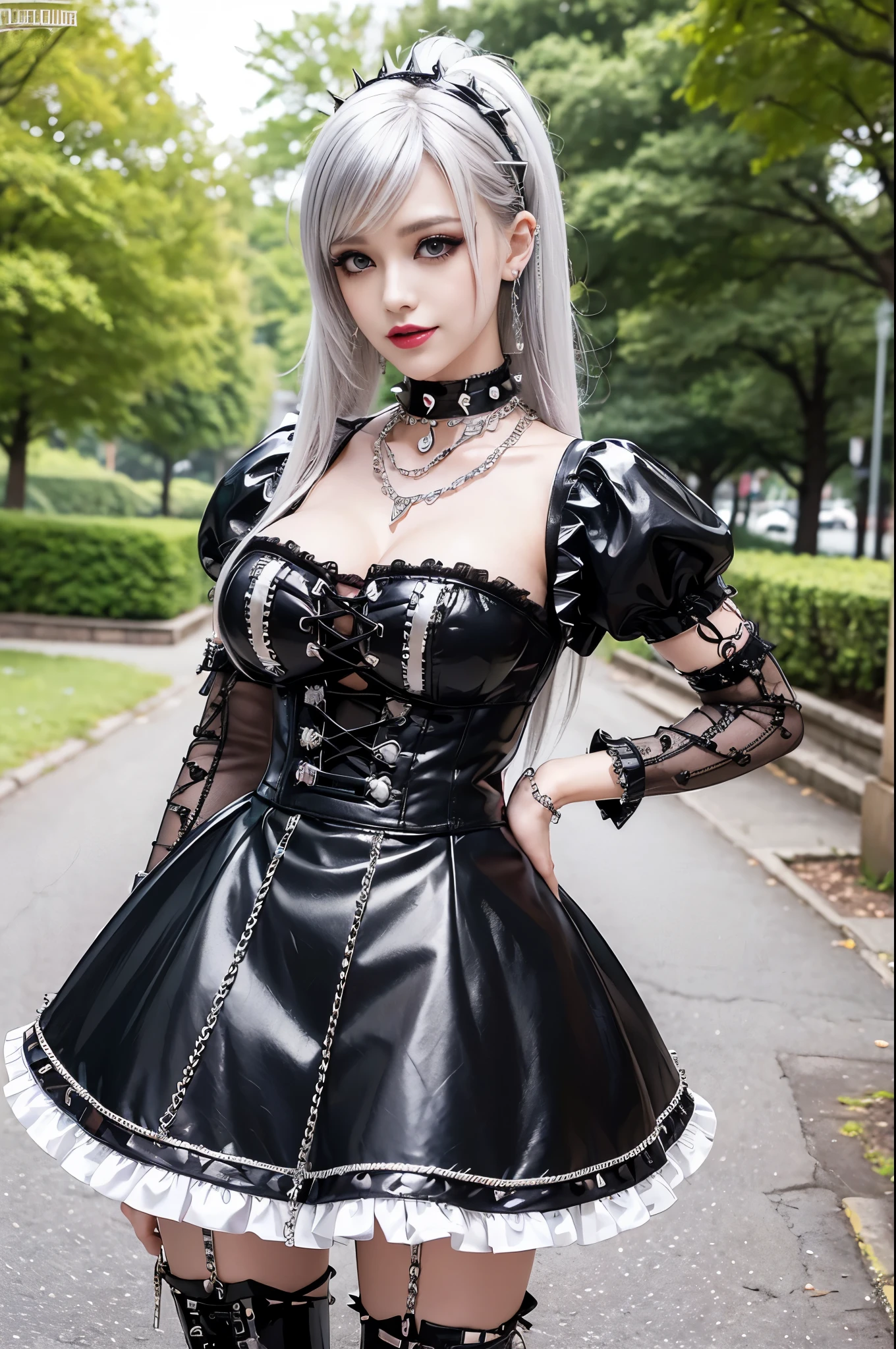 sexy stylish female model, only 1 female, ((doll-like appearance)), long multicolor stylish hair, ((shiny Punk-Style boots)), (big smile), ultra detailed eyes, Punk makeup, lipgloss, ((sexy Punk ta cosplay)), unconventional skirt, petticoats, high neckline, ((ultra detailed lace)), ((ultra detailed embroidery)), intricate details, tartan patterns, ((silver chains)), ((silver spikes)), ((safety pins)), Punk Loliccessoires, Punk Lolita cr, ((large sparkling Punk Lolita jewel, cinematic light, detailed large park background with trees 