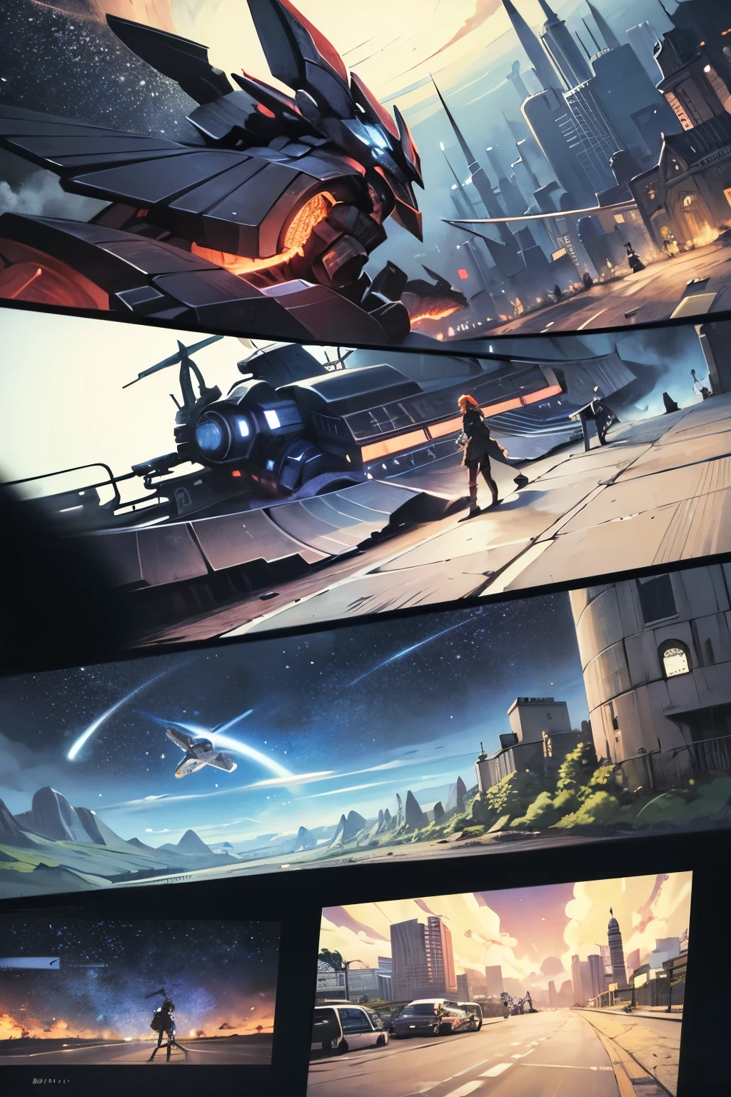 comics，Cartoon（4、5 or 6 tiles），Storyboard，masterpiece, 。Sudden，A spaceship falls from the sky，Fell in the middle of the road。 Enhance details