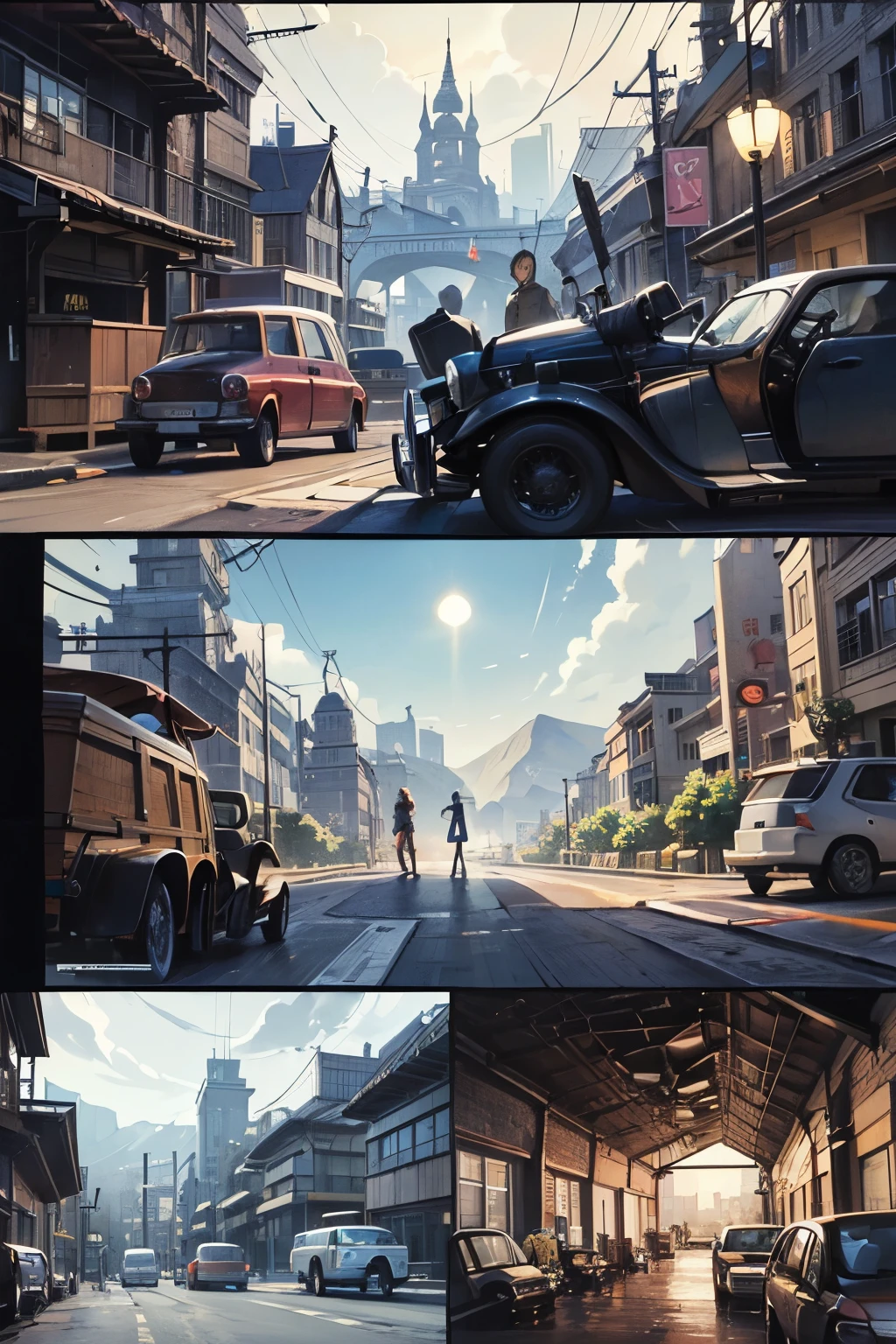 comics，Cartoon（4、5 or 6 tiles），Storyboard，masterpiece, 。Sudden，A spaceship falls from the sky，Fell in the middle of the road。 Enhance details