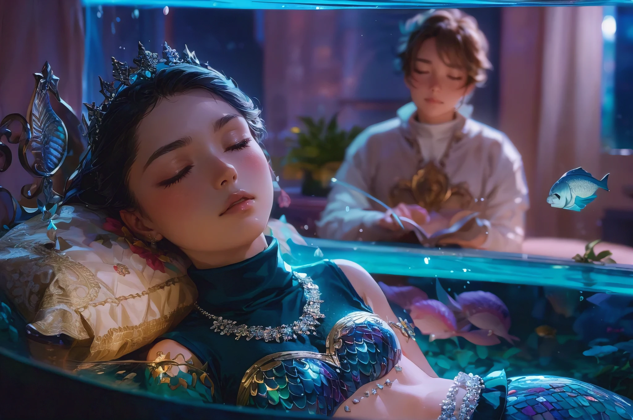 A mesmerizing photorealistic close-up, waist up illustration of a legendary mermaid princess asleep in her fish tank. She wears a turtleneck royal attire, adorned with iridescent scales and shimmering jewelry. Her small coronet rests on her head, and she is surrounded by intricate ornaments. In the background, a handsome prince sits by the fish tank, captivated by the graceful mermaid. The scene takes place in a royal bedroom during the late evening, with a soft, serene atmosphere. The 3D render showcases the artist's incredible attention to detail and brings this enchanting scene to life., illustration, 3d render, anime