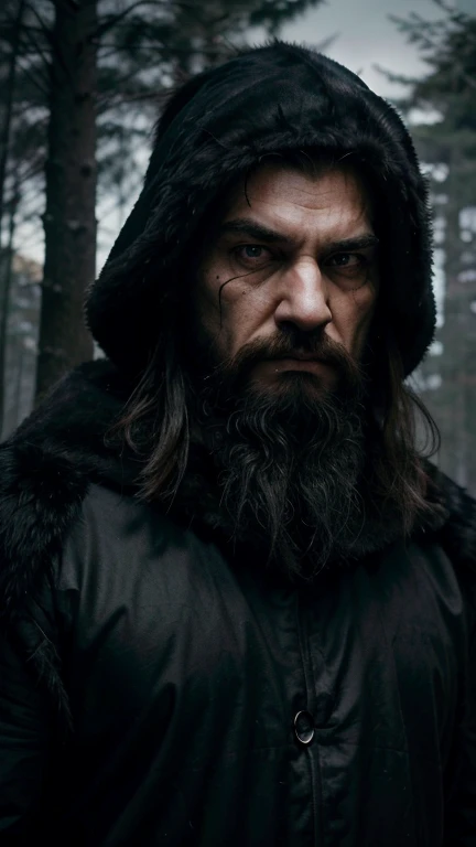 Masterpiece, best quality, (very detailed CG unit 8k wallpaper) (best quality), (best illustration), (best shadows) (male), --v6, a powerful viking man, detailed facial features, intense gaze, long gray hair and beard, wearing black fur cloak over hes head, snowy woods landscape, dramatic lighting, cinematic composition, dark fantasy, moody colors, muted tones, looking at the camera, detailed beard, dusk atmosphere, 8k, absurd resolution, masterpiece, portrait, extraordinary face detail, award winning portrait, angry face, terror movie style picture, bright green eyes, detailed furry cloak over head, bleading nose, dark vibe, gothic style make-up, face close up, mad, crazy loking, face portrait 
