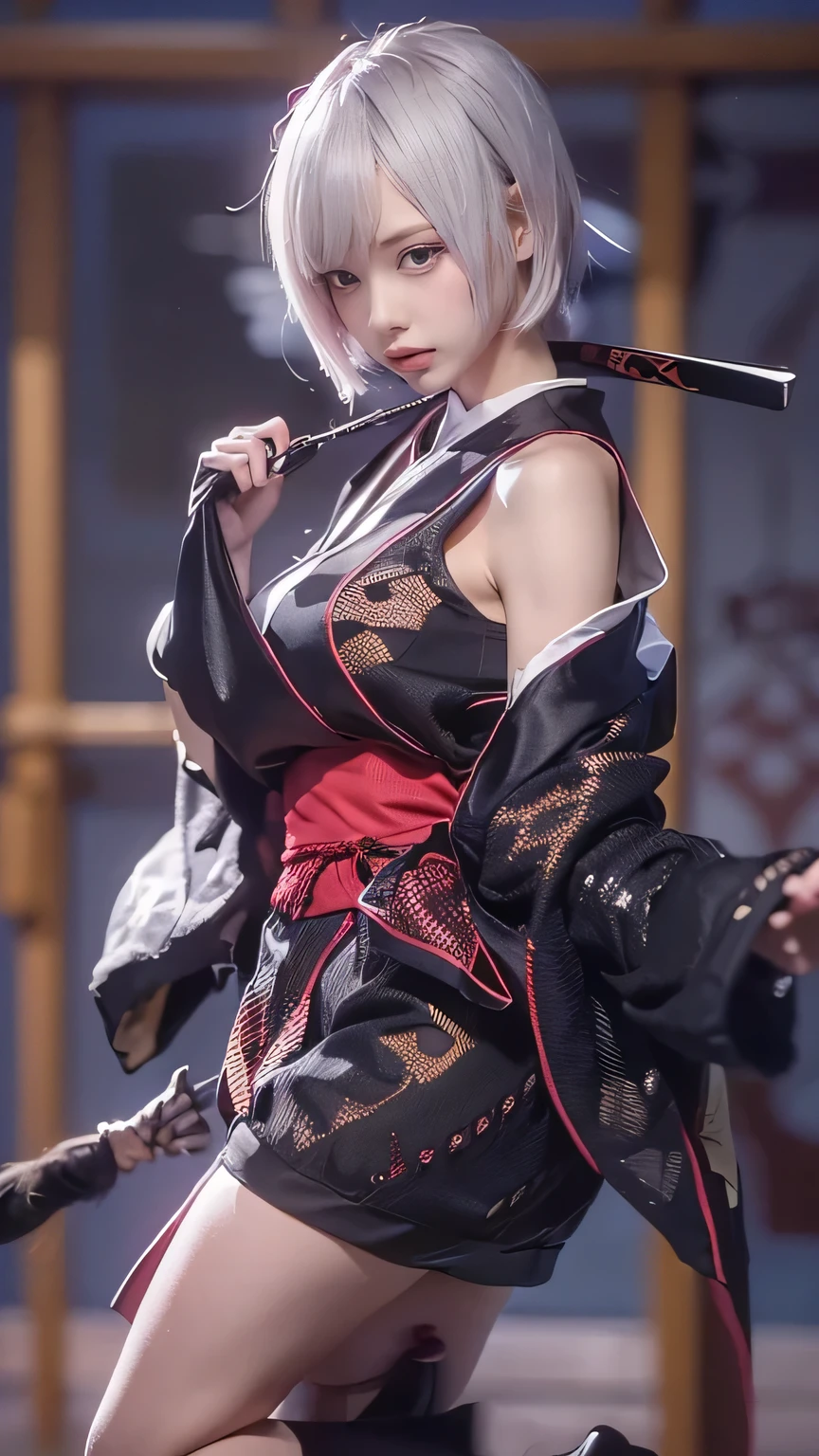 ((The background is the village of Shinobi:1.5)、Female ninja training in the village)、(Realistic、Like a photograph、Live Action、8k, Photorealistic, RAW Photos, Best image quality: 1.4), Single-lens reflex camera、RAW Photos, highest quality, Realistic, Highly detailed CG Unity 8k wallpaper, Written boundary depth, Cinematic Light, Lens flare, Ray Tracing, Realistic background、((waso:1.5、ninjya:1.3、kunoichi:1.4、skirtlift)、Sexy Ninja:1.37、Get into a fighting stance:1.3、Ninjutsu activation:1.2、Trained abdominal muscles、Big Breasts)、Grey Hair、short hair、Standing in the village、Night Village、((Ultra-dense skin))、 1 girl,Cute Kunoichi、((whole body:1.5)，Looking at the audience:1.1、Glare、I like that style、Pay attention to the details、The perfect outfit、(White skin)、An accurate portrait、Accurate Arm、Accurate feet、Beautiful legs、Precise thighs、Anatomically correct body、View from below