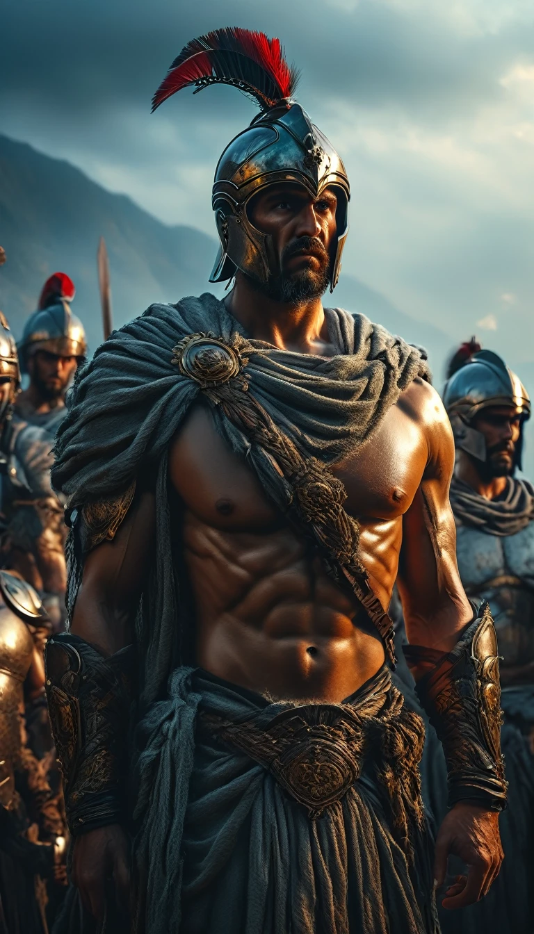 Create a detailed image of the annual Spartan event, featuring a massive arena where the best Spartan warriors and the bravest Helot slaves prepare to battle to the death, digital UHD (64k) image, cinematic film still dramatic side lighting, dramatic intense stare closeup portrait,  hdr,  shallow depth of field, vignette, highly detailed, high budget Hollywood film, cinemascope, moody, epic, gorgeous
, Highly detailed and clean, Photorealistic and cinematic masterpiece, professional photography, realistic, realism, 200k , Raytracing and light effect, digital, perfect composition, beautiful detailed intricate insanely detailed octane render trending on artstation, 8 k artistic photography, photorealistic concept art, soft natural volumetric cinematic perfect light, the morning mist shone on their bodies, award - winning photograph, masterpiece, raphael, caravaggio, greg rutkowski, beeple, beksinski, giger