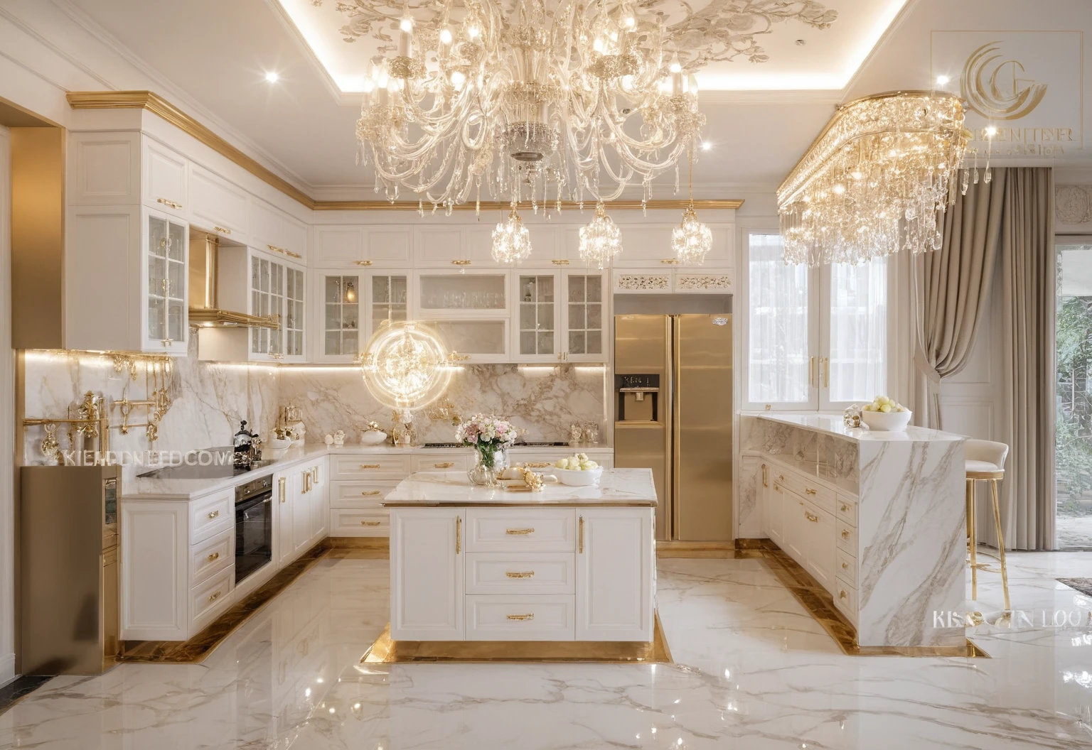 Masterpiece, Best quality,8K, Ultra-high resolution,When you step into the Kitchen and dinning room,Immediately surrounded by a rich atmosphere of luxury。Ornate crystal chandeliers hang high on the wall,Shine brightly。Kitchen island  was covered with a soft white fluffy blanket,It is so comfortable,So much so that you can't help but indulge in it。Embellished with precious porcelain and white-off gold ornaments。Whenever it is late afternoon,The afterglow from the window spilled on the floor,Soft light and shadow are reflected,It was as if entering a dreamland。