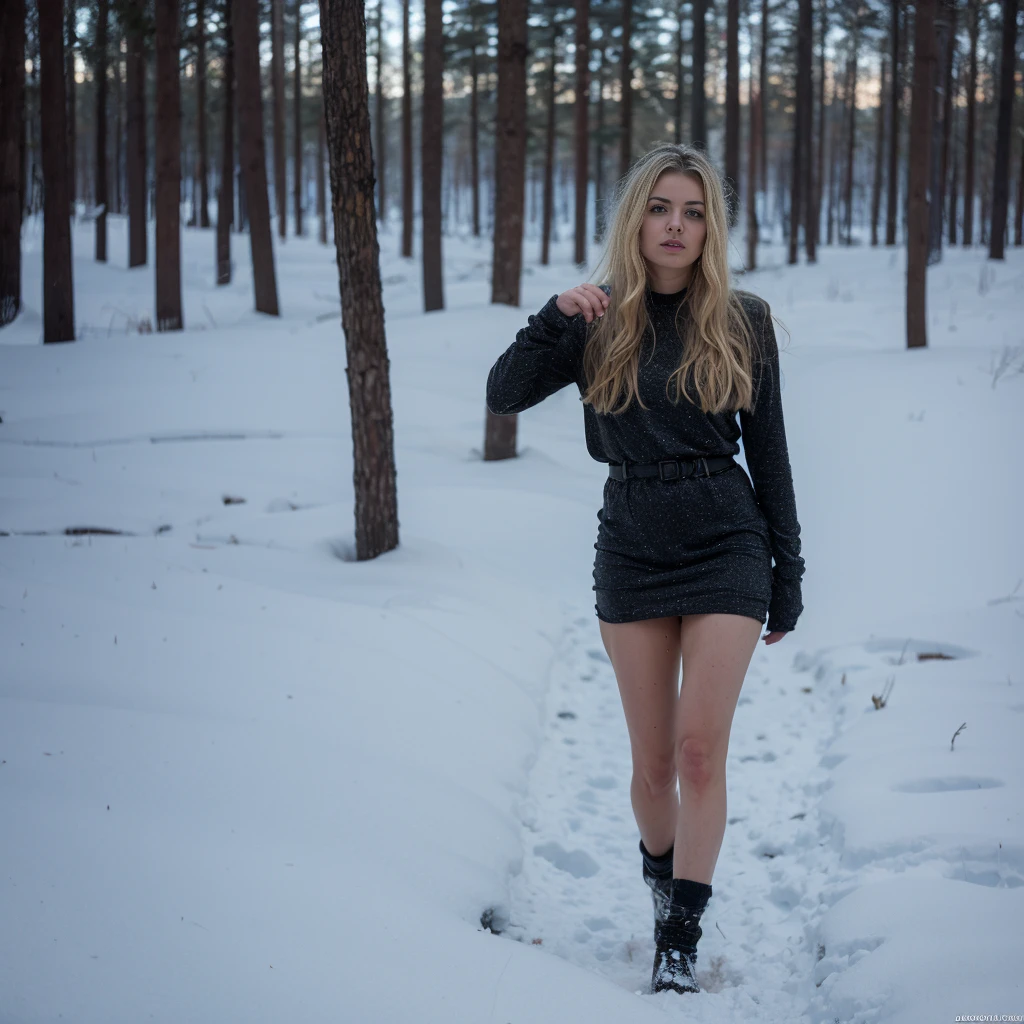 [Masterpiece, Best Quality, Russian woman 62 years old running through the forest through snowdrifts, bare footed, sage-hood, Blonde Kinky, Medium-length hair without styling, Snow on wet hair, torn, Dirty, Bloodstained Short Long Sleeve Dress, Bracelet on the left wrist, necklace around the neck, Her skin was covered with goosebumps, scared, Running through a snowy forest barefoot in deep snow (The snow is almost knee-deep). In the middle of a winter forest, Looking Ahead, Snowy Wild Forest, It's cold, snowing, beautiful face, Freezes, Lips turn blue, Thin body, shapely legs, steam from the mouth, stunned, frightened look, Deep Snow, Snowflakes fall, The body turns red, Cold, teardrops, hysterics, dread, The dress is torn, bruises, abrasions and bruises on the legs and face], 
(mybeauties, realistic hands), 
[[The character is surrounded by mist, evoking a mysterious and eerie atmosphere. The lighting is dark and atmospheric, with a blue smoke adding a touch of sinister ambiance. The image is of the best quality, with a resolution of 4k and HDR enhancement, showcasing the utmost level of detail and realism, sfw, full body shot. closeup View from above. (1woman)]]