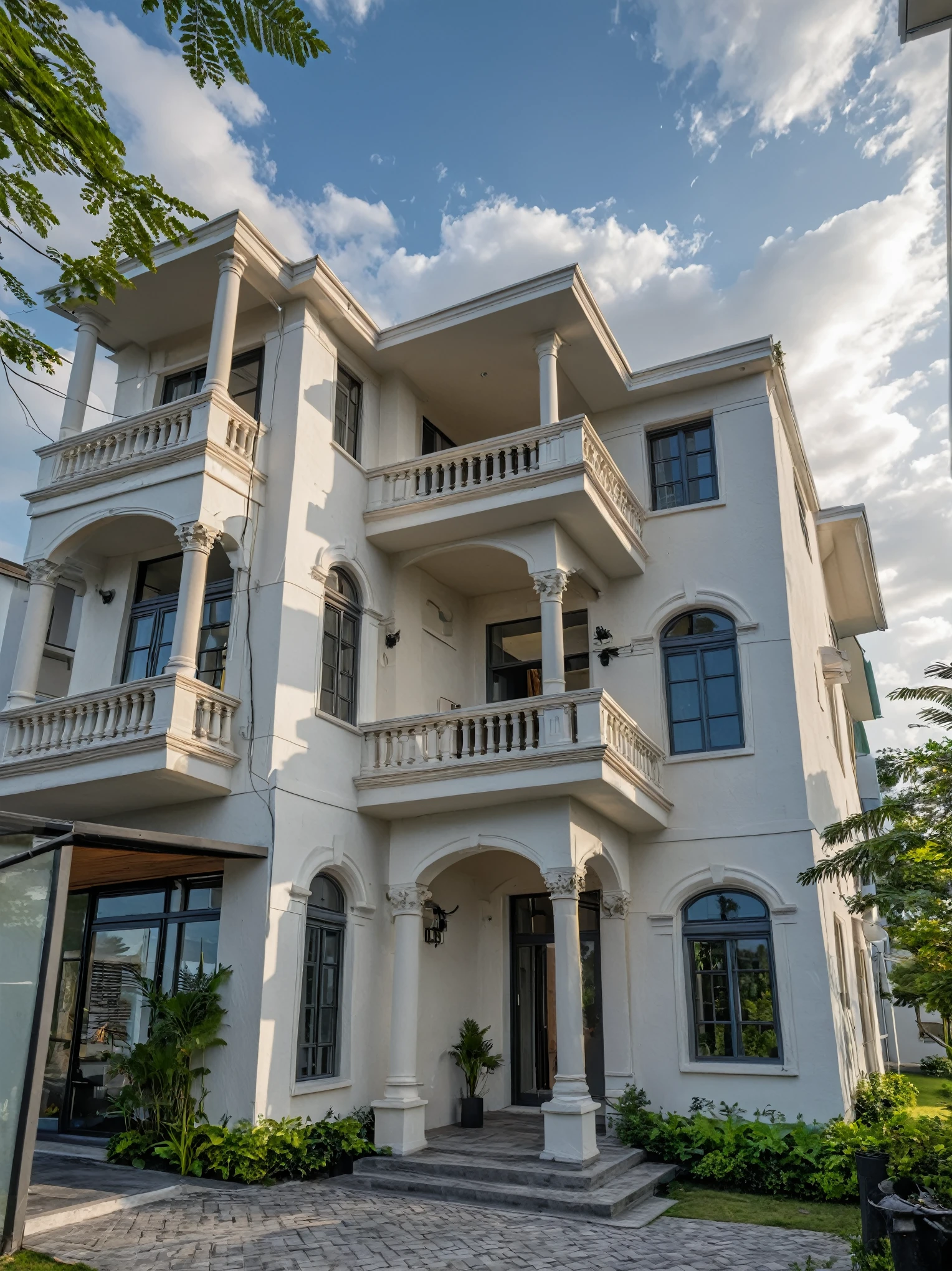 Masterpiece, high quality, best quality, authentic, super detail, outdoors, onestoreyvillaXL, aiaigroup, house style modern on the street ,stairs, white wall ,road,pavement, grass, trees, sky, cloud, (daylight:1.1)