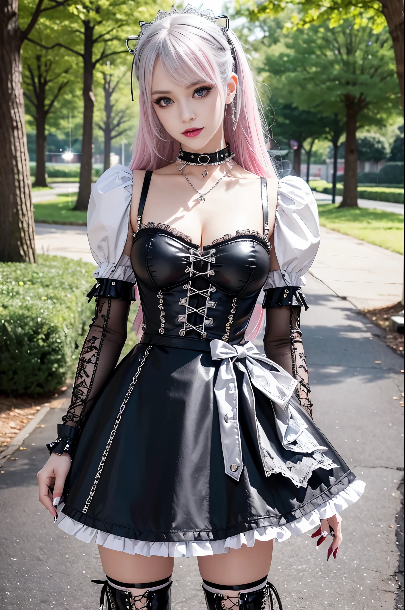 sexy stylish Swedish model, only 1 female, ((doll-like appearance)), long neon pink stylish hair, ((shiny Punk-Style boots)), (big smile), ultra detailed eyes, Punk makeup, lipgloss, ((sexy Punk Lolita cosplay)), unconventional skirt, petticoats, high neckline, ((ultra detailed lace)), ((ultra detailed embroidery)), intricate details, tartan patterns, (silver chains), (silver spikes), (safety pins), Punk Lolita accessoires, Punk Lolita choker, ((large sparkling Punk Lolita jewelry)), cinematic light, detailed large park background with trees 