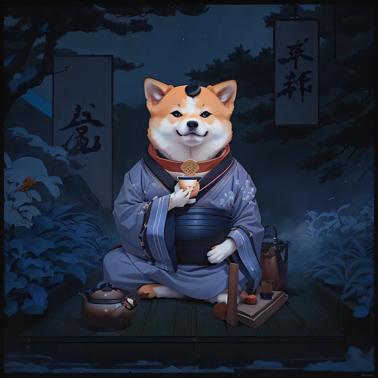 There is a Shiba Inu sitting on the platform,Holding a teapot in hand, Inugami, This Shiba Inu is drinking tea, Inspired by Hiroyuki Isoda, Inspired by Watanabe Shotasu, Inspired by Toshusai Sharaku, Inspired by Haiyuedo Andi, Inspired by Gatōken Shunshi