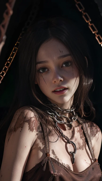 (RAW photo, best quality), (realistic, photo-realistic:1.3), extremely delicate and beautiful, Amazing, finely detail, masterpiece, ultra-detailed, highres,best illustration, best shadow,intricate,depth of field,horror,
terrifying ghost, (laugh wildly:1),(dirty),sweat,blood,(multiple scars),(rusty iron chain:1.4),((dimly light:1.4)),
sharp focus, volumetric fog, 8k UHD, DSLR, high quality,( film grain:1.4), Fujifilm XT3,