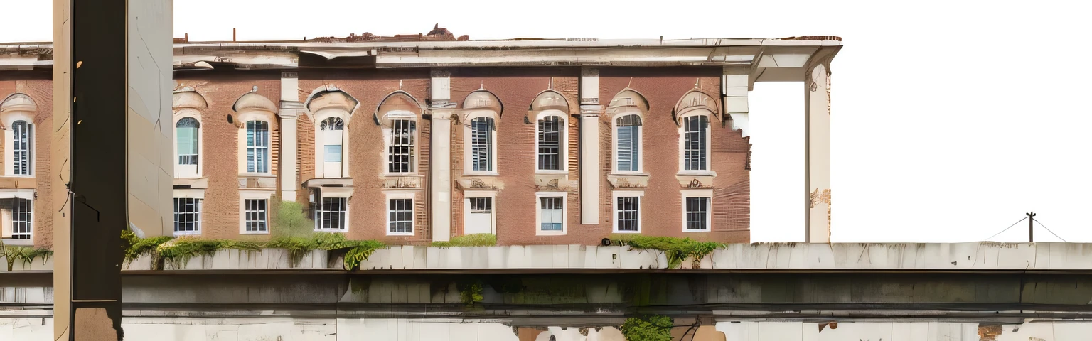a photo of an old school building, clock tower, realistic architecture, highly detailed architecture, exterior of building, freddy mamany silvestre, brick architecture, architectural artwork, high resolution and details, photographic render, inspired by robert bechtolt, hyperrealistic street scene, extremely detailed composition, realistic architecture, frontal view, abandoned school, lots of worn details, 8k resolution, extremely fine details, crumbling walls, moss and greenery covering walls, post-apocalyptic atmosphere