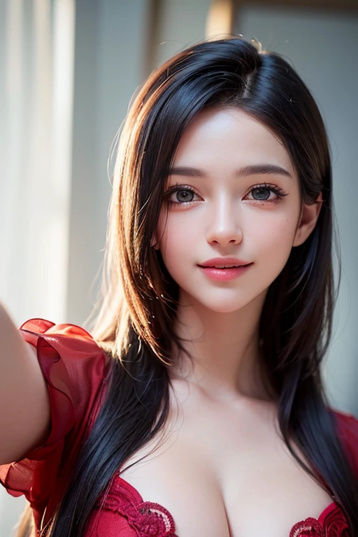 (best quality,4k,8k,highres,masterpiece:1.2), ultra-detailed, (realistic,photorealistic,photo-realistic:1.37),(beautiful detailed eyes, beautiful detailed lips, extremely detailed eyes and face, long eyelashes),studio lighting,physically-based rendering,vivid colors,(Smart phones, selfies, peace signs, smiles),G cup,long hair,red dress