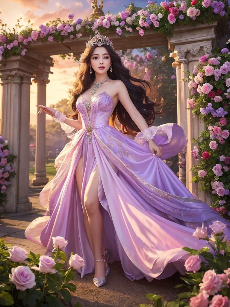 The Princess is standing gracefully in her posture amidst the beautiful gardens. Gorgeous roses bloom all around her, and elegant fences and arches provide beautiful decoration. Her dress is adorned with sparkling jewels and silk ribbons fluttering in the breeze. In her hand she holds a finely decorated magic wand, which enhances her presence. In the background, the sun is setting beautifully and the sky is deep purple. You can feel the faeries and unicorns dancing around the Princess and blessing her. In this fantastical world, the Princess radiates with the confidence and grace of a true princess."