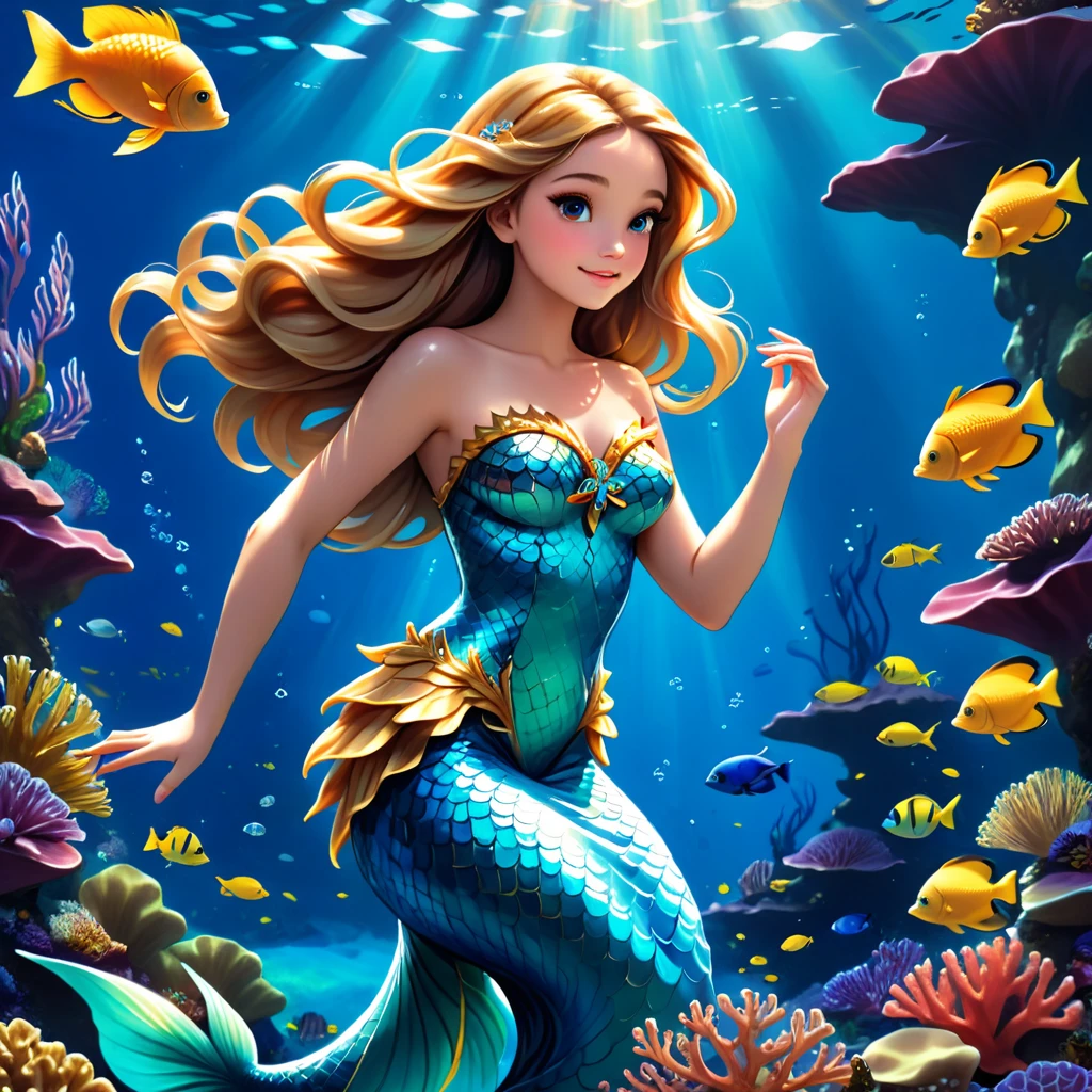 a beautiful mermaid princess, long flowing hair, detailed face features, luminous scales, underwater scene, coral reef, schools of tropical fish, shafts of sunlight, golden crown, flowing gown, serene expression, photorealistic, highly detailed, intricate, cinematic lighting, vivid colors, fantasy art