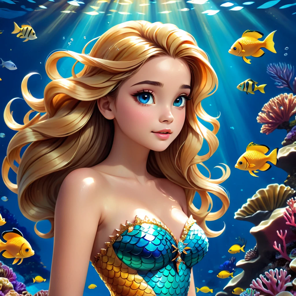 a beautiful mermaid princess, long flowing hair, detailed face features, luminous scales, underwater scene, coral reef, schools of tropical fish, shafts of sunlight, golden crown, flowing gown, serene expression, photorealistic, highly detailed, intricate, cinematic lighting, vivid colors, fantasy art