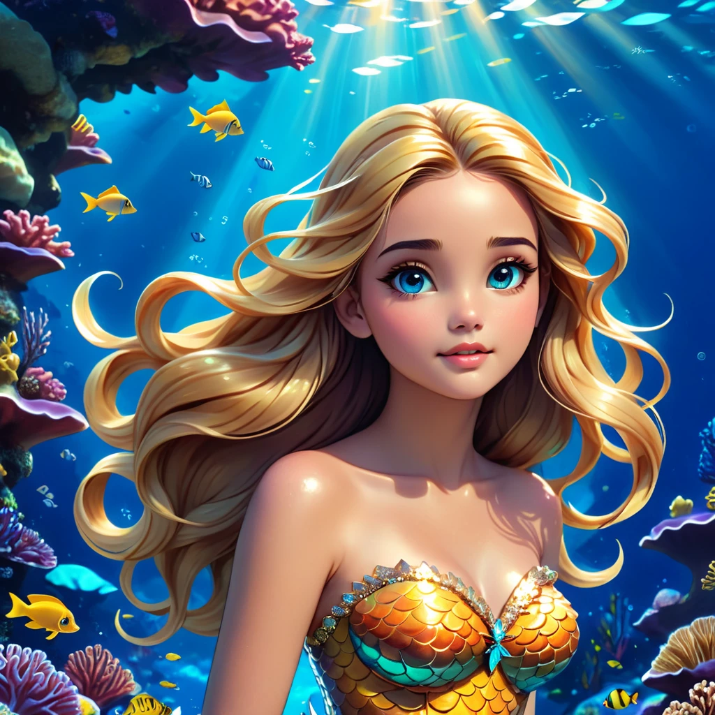 a beautiful mermaid princess, long flowing hair, detailed face features, luminous scales, underwater scene, coral reef, schools of tropical fish, shafts of sunlight, golden crown, flowing gown, serene expression, photorealistic, highly detailed, intricate, cinematic lighting, vivid colors, fantasy art