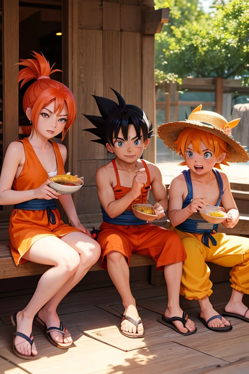 naruto kurama mode, goku ultra instinct blue, luffy nika with yellow straw hat eating ramen together and the 3 of them happy