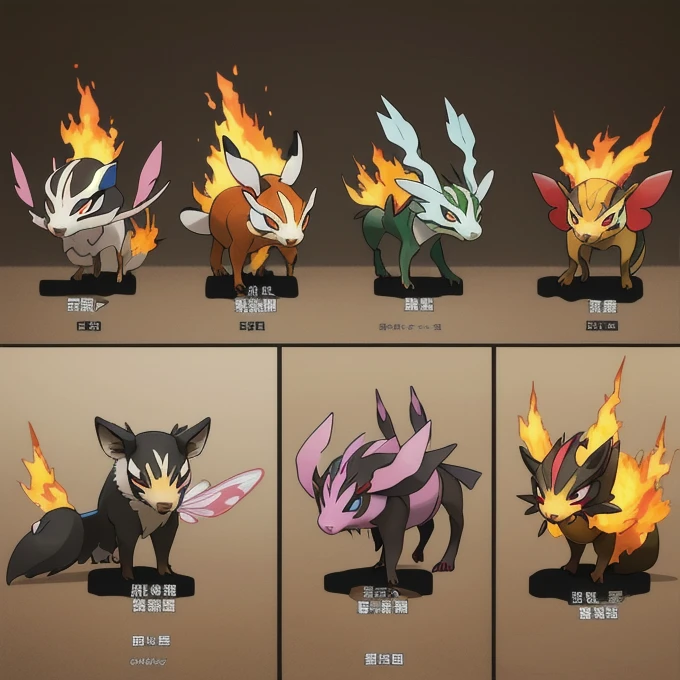 Display several different types of Pokemon characters in a row,Concept art by Adam Marcinski,multi-count trend,arts and crafts,Fox-like evolved Pokemon,new pokemon,Pokemon style,可愛Pokemon style,Similar to Pokemon,Concept Puzzle Pokemon, vyverns, Pokemon art style, Illustration pokemon, Attributes(Attributes:generally.flight.fire.overtake.Ability Water.insect.electricity.rock.Grass.phantom.ice.dragon.fistfight.evil.poison.steel.ground.Fairy.Star Crystal.無Attributes), New species Monster characters sprites set in pokemen style, 以Pokemon style設置的怪物角色精靈
玩具人物
有馬,Capybara,There are cats,personification(Beast ears, human body and beast tail)
\(Lovely,Kawaii),quality\(masterpiece,high resolution,top-quality,top-quality,提high resolution,RAW photos,Best quality,Very detailed\)
A few magic effects(fire球 水球)