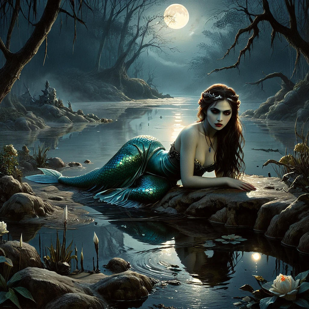 Edward Okun-style painting capturing "The Mermaid Princess, " embodying fallen royalty with a predatory gaze, ensconced in an eerie, moonlit lake ensnared by thick mud, reflection of horror in the water's surface, glares piercing through the mist, a setting soaked in darkness and dread, conveying a mixture of confidence, intricacy, and a terrifying beauty, moonlight casting harsh glares, overall a balanced,  octane rendering., High Resolution, High Quality, Masterpiece