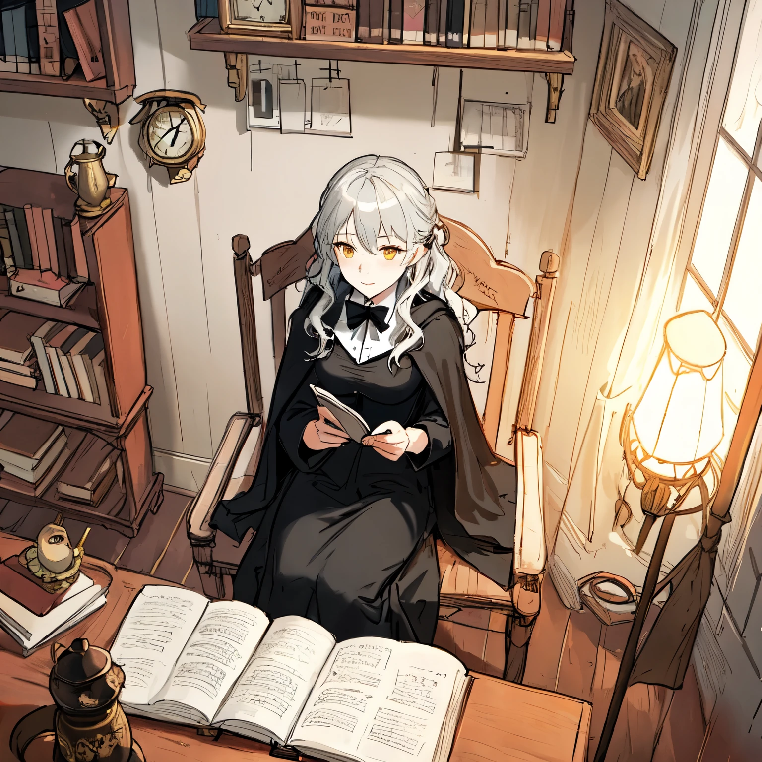 masterpiece,highest quality,sketch,From above,witch's home,(fireprace:1.1),magical plants,Bookshelf,Colorful wall lamps,warm,comfortable,One girl,witch,(Mature Woman:1.2),sitting in comfortable chair,read,Very long hair,Wavy silver hair,bright yellow eyes,Black and white cloth,Very long cape,Long sleeve,ribbon,Black bow tie,race,wrenchwitchiness,candlestick,clock,Quill pen,
