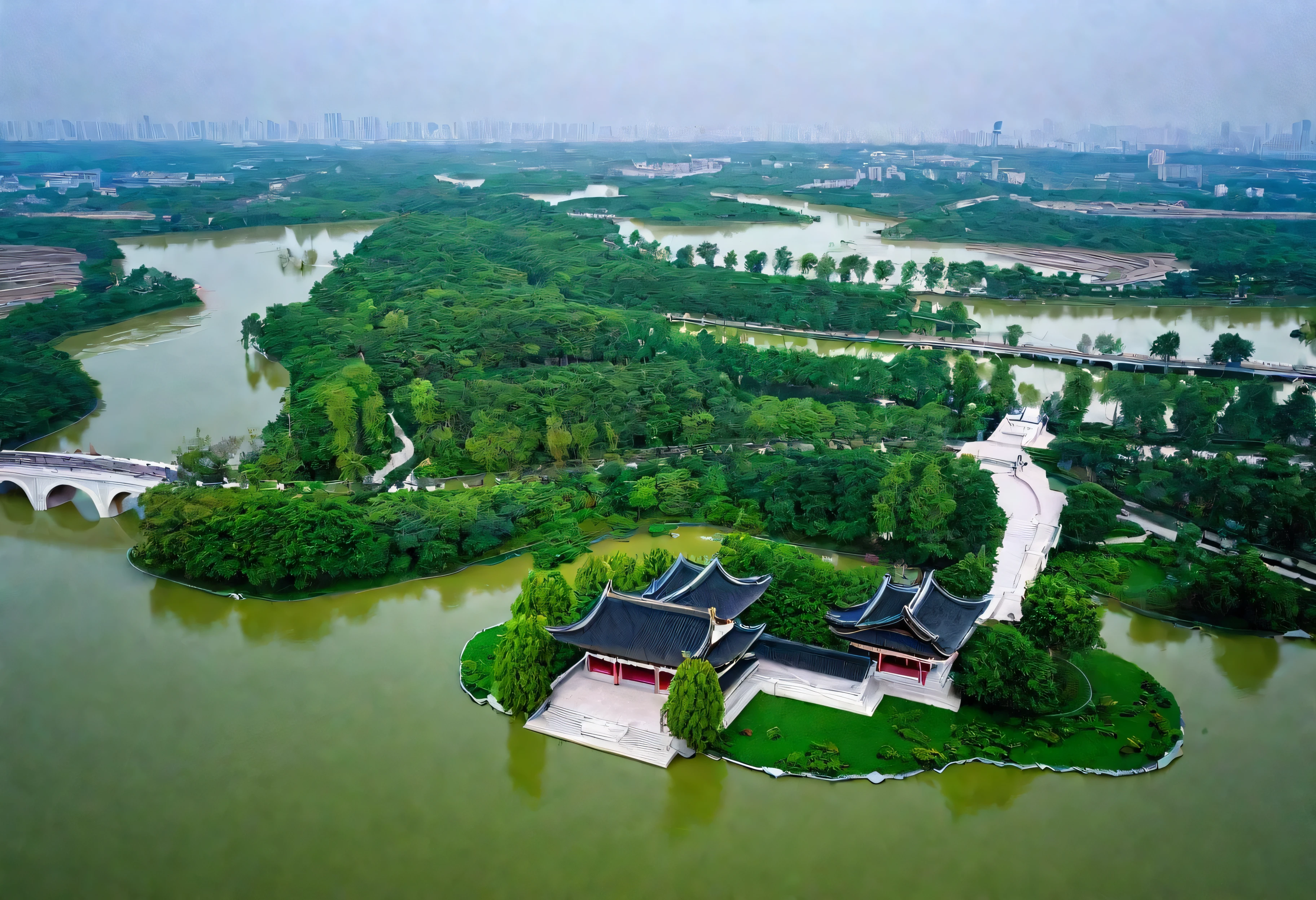 Aerial view of a park with a bridge and a river, baotou china, ruanjia, parks and lakes, nice images, Hangzhou, royal garden landscape, You were, nanquan, Panorama, city park, sha xi, nice, High detail photos, The above points, tian zi, by Li Zai, qiangshu