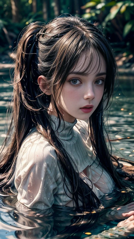 symmetrical,High detail RAW color photo professional close photograph, [:(highly detail face: 1.2):0.1], (PureErosFace_V1:0.6), twintails, half body, pore, real human skin, a portrait of a 18yo woman bathing in a river,body contact water and ripple around, reeds,clear and clean water, shiny eyes,looking at viewer, wearing tight sleeve sweater, wet clothes, see-through clothes, nipples, wet body, wet hair, tindal effect,lens flare,shade, bloom, backlighting, depth of field, natural lighting, hard focus, film grain, photographed with a Sony a9 II Mirrorless Camera, by Laurence Demaison,huge breasts,legs slightly spread