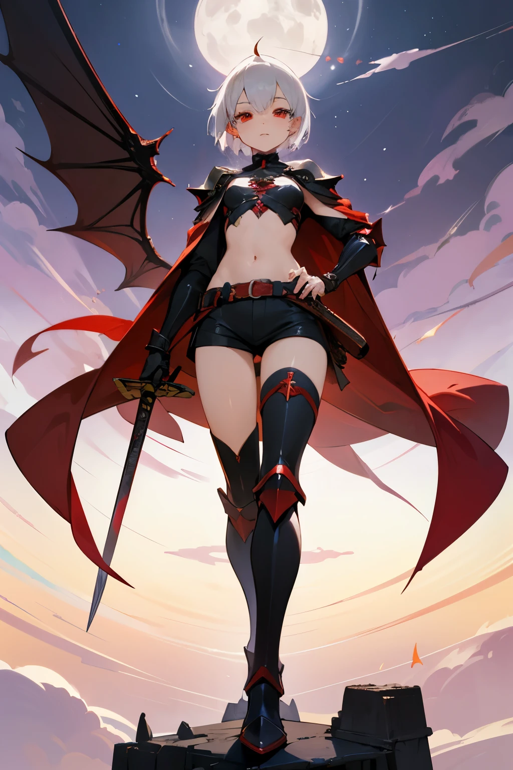 highest quality,CG,Fairy,Anime Art,beautiful girl,Flat Chest,Alluring,White Short Hair,Red eyes,whole body,Super tight off-shoulder,Cape,Japanese sword,Ruined Castle,Demon King,vampire,Black long boots, (Lewd Armor), (High leg),Black shorts,