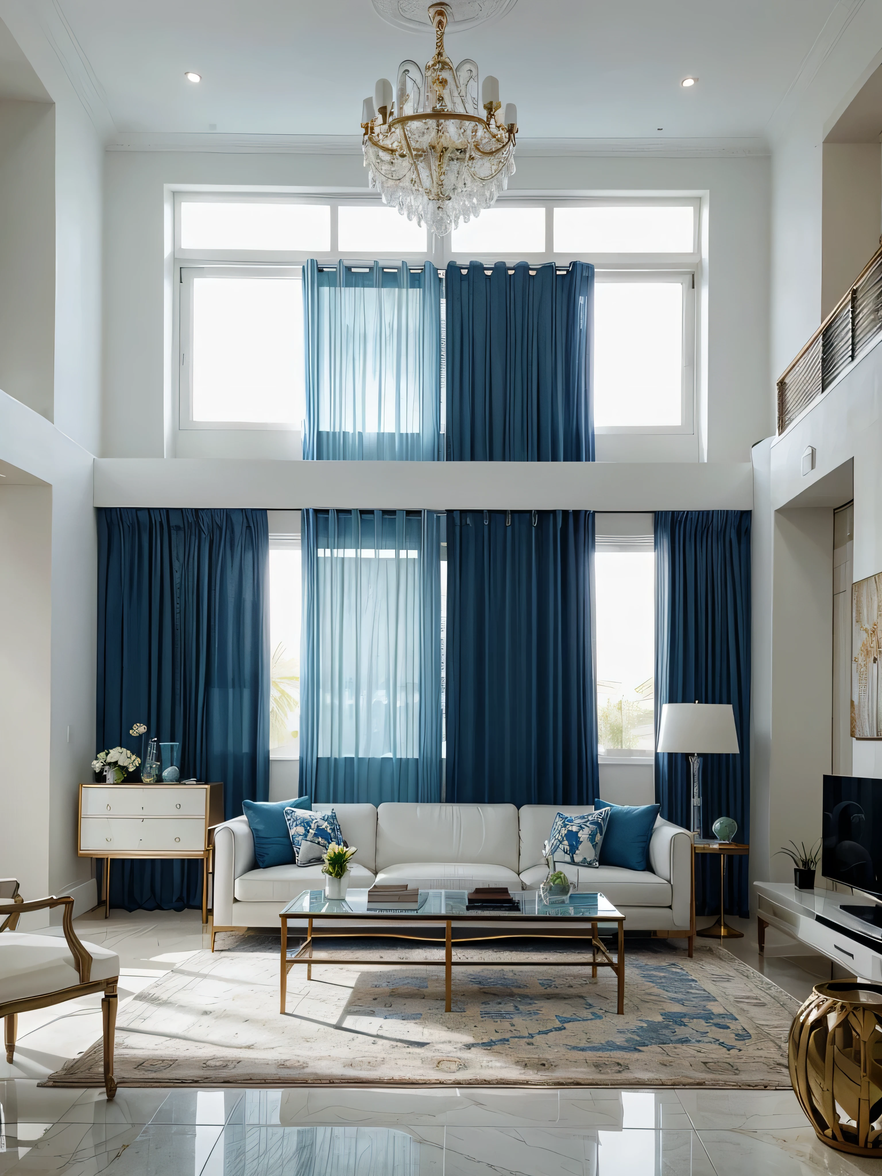 A modern living room featuring a luxurious design with a blue and white color palette. The room includes two light blue sofas arranged around a marble coffee table with a vase of flowers. The back wall is adorned with blue marble-like panels, and it houses a large flat-screen TV on a white console. Dark blue curtains frame the tall windows, allowing natural light to filter in. A chandelier hangs from the ceiling, providing ambient lighting, and decorative items such as vases and plants accentuate the space. tiles so loose